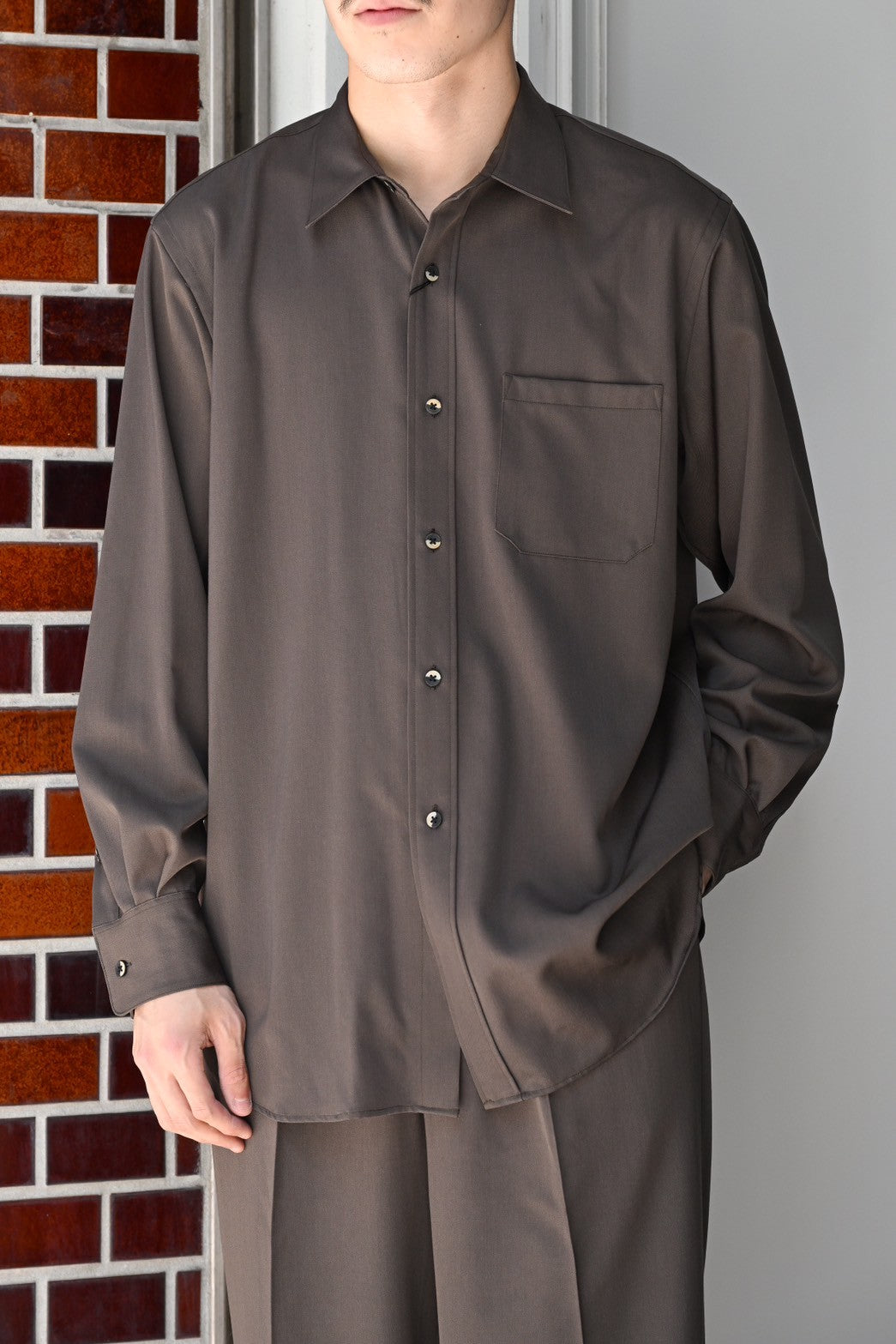 BISOWN / S120 WOOL GABA REGUAR SHIRTS - KHAKI BROWN