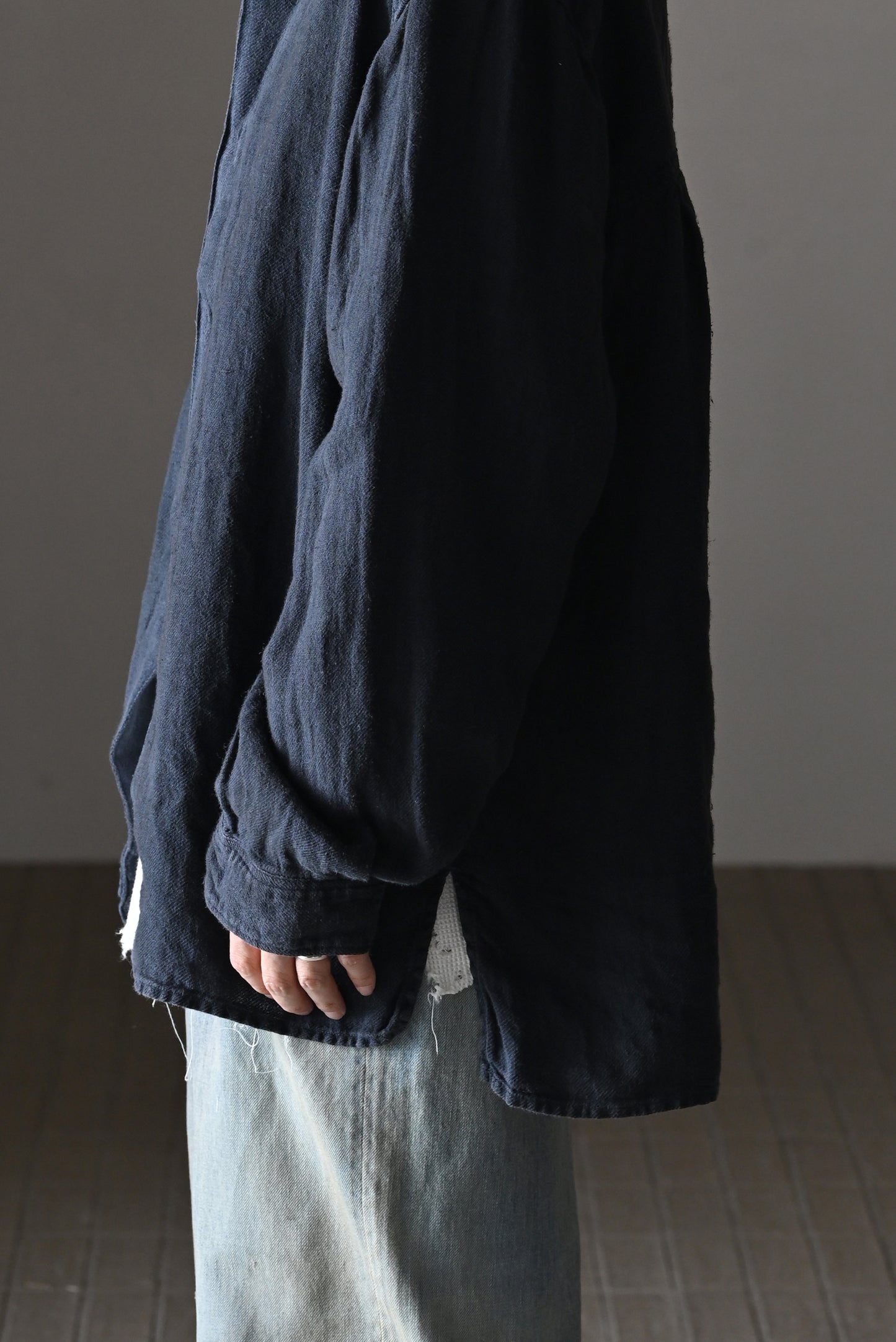 ANCELLM / AGING LINEN CROSS-LINE SHIRT -NAVY