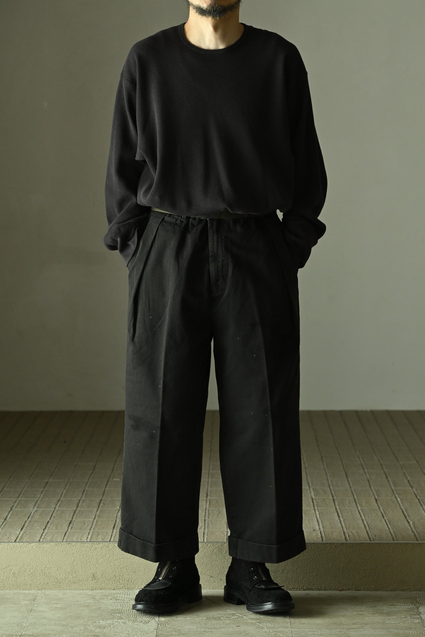 ANCELLM / DOUBLE-CUFF CHINO PANTS -BLACK