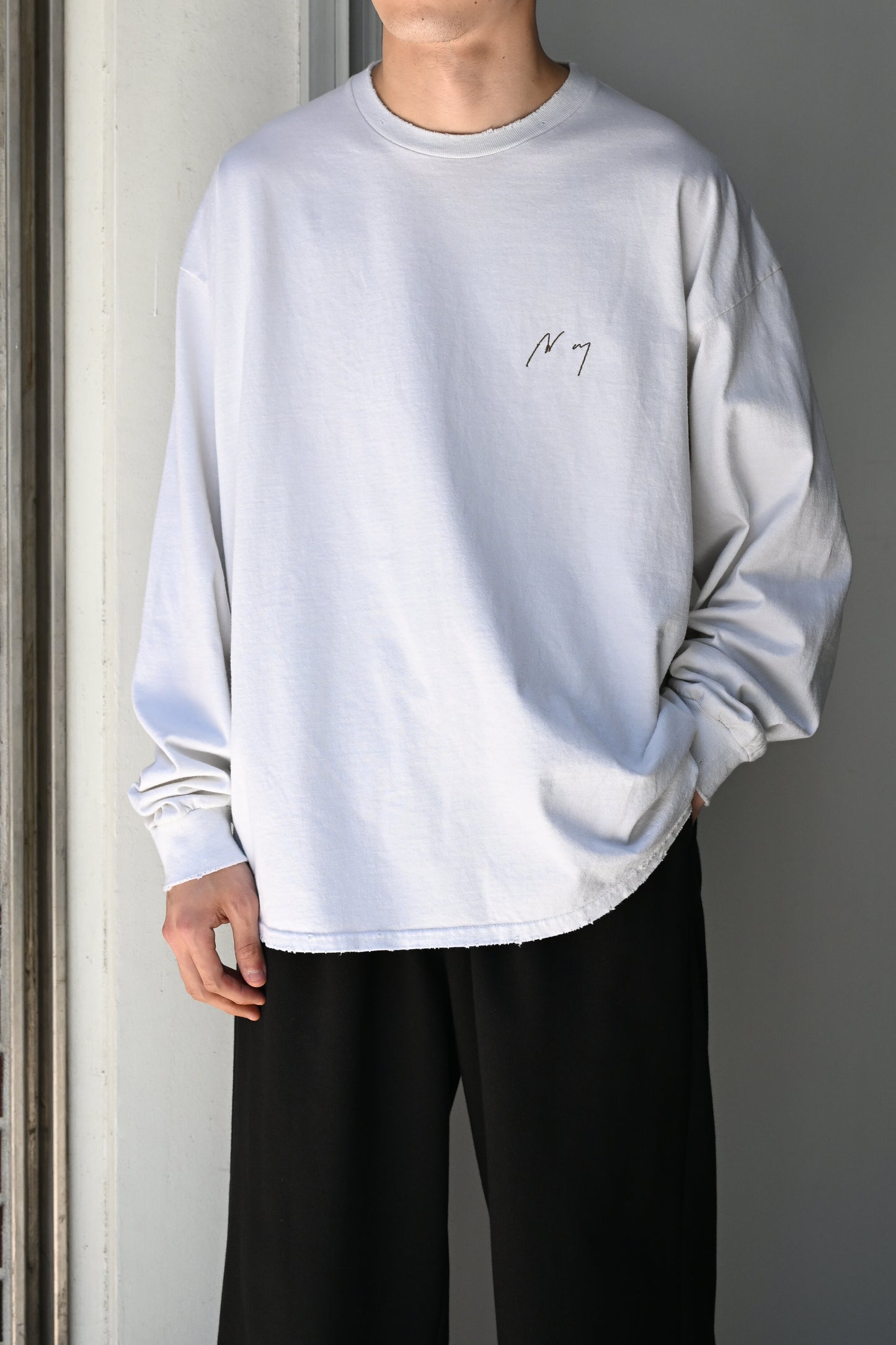 ANCELLM / EMBROIDERY DYED LS T-SHIRT -WHITE