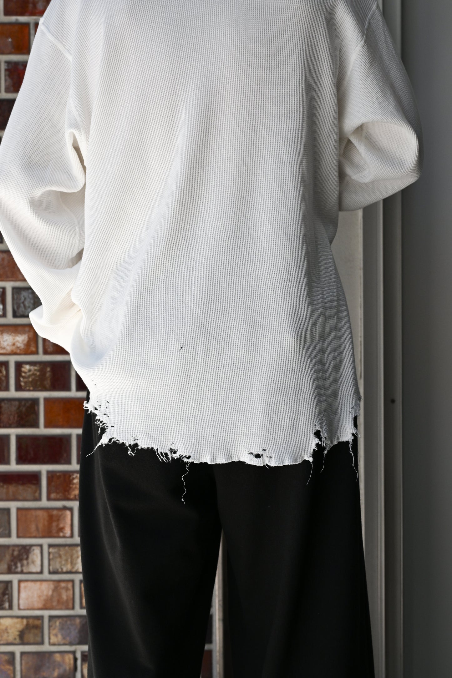 ANCELLM / DAMAGE WAFFLE CREW LS T-SHIRT -WHITE