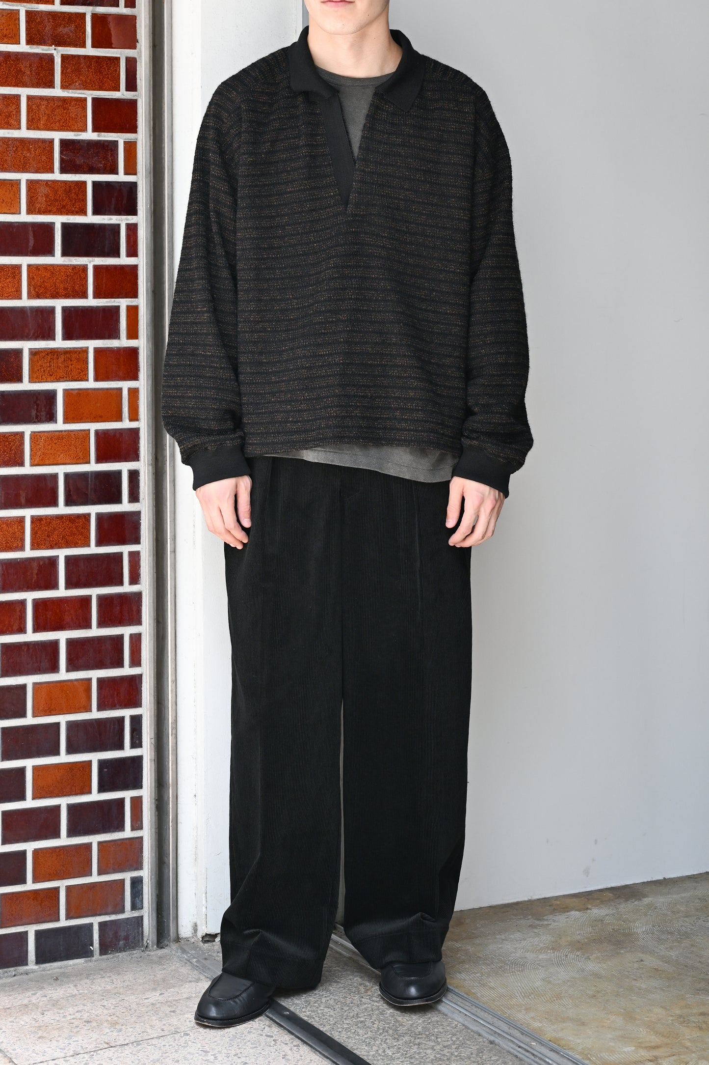 ANCELLM / WOOL BORDER SKIPPER SHIRT -BLACK