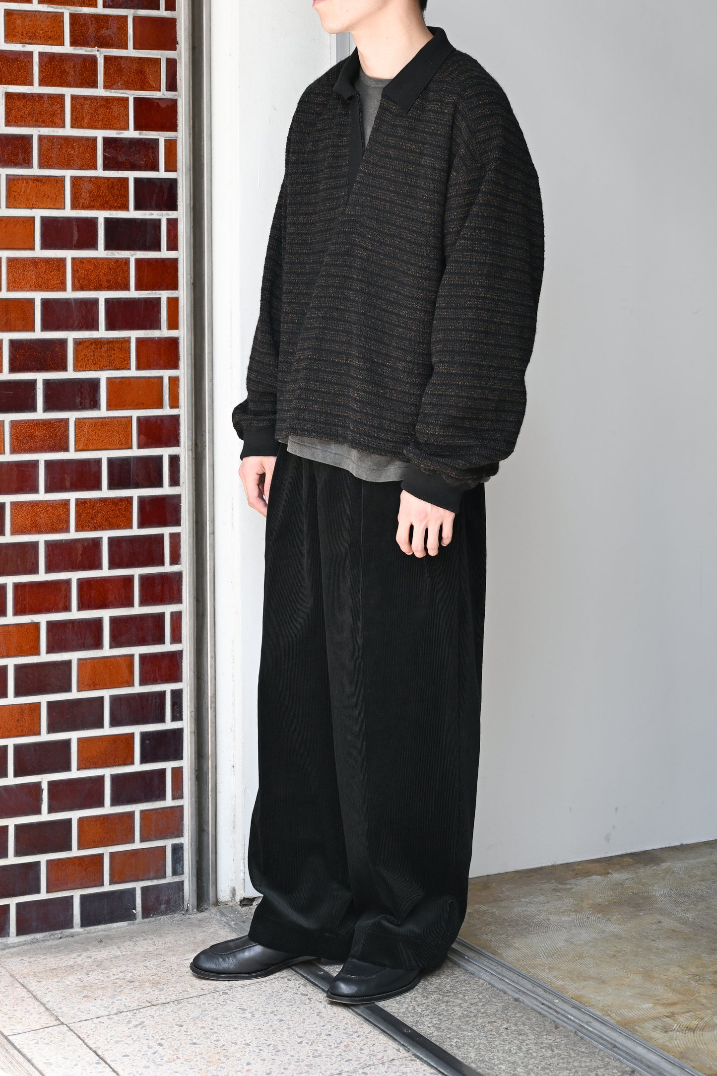 ANCELLM / WOOL BORDER SKIPPER SHIRT -BLACK