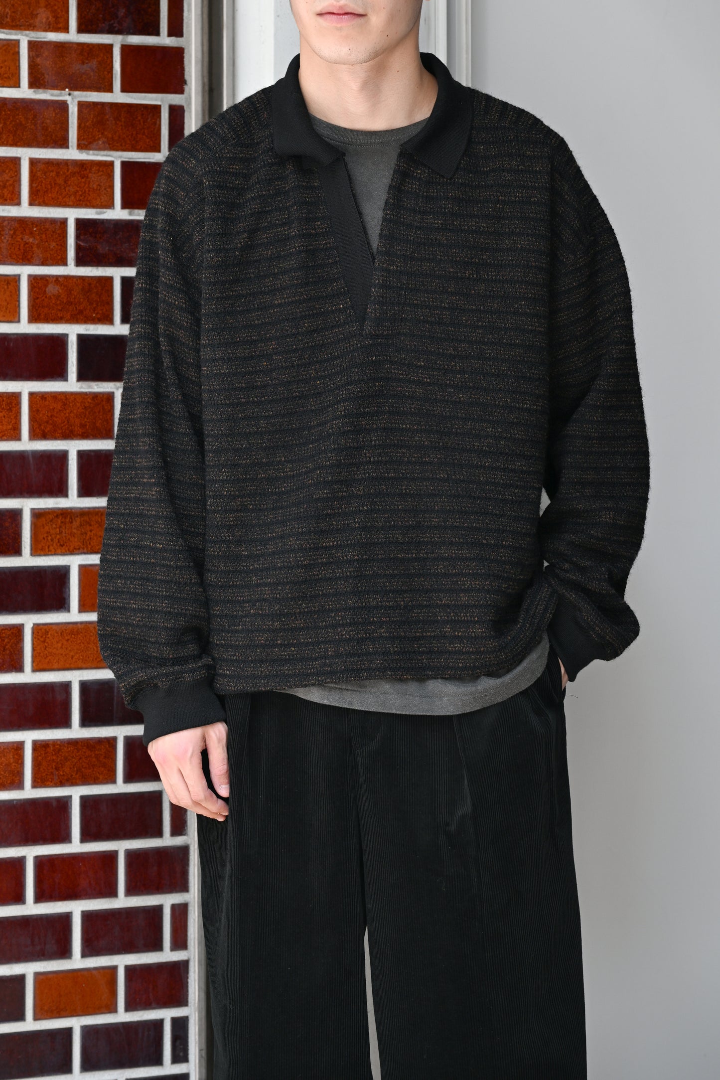ANCELLM / WOOL BORDER SKIPPER SHIRT -BLACK