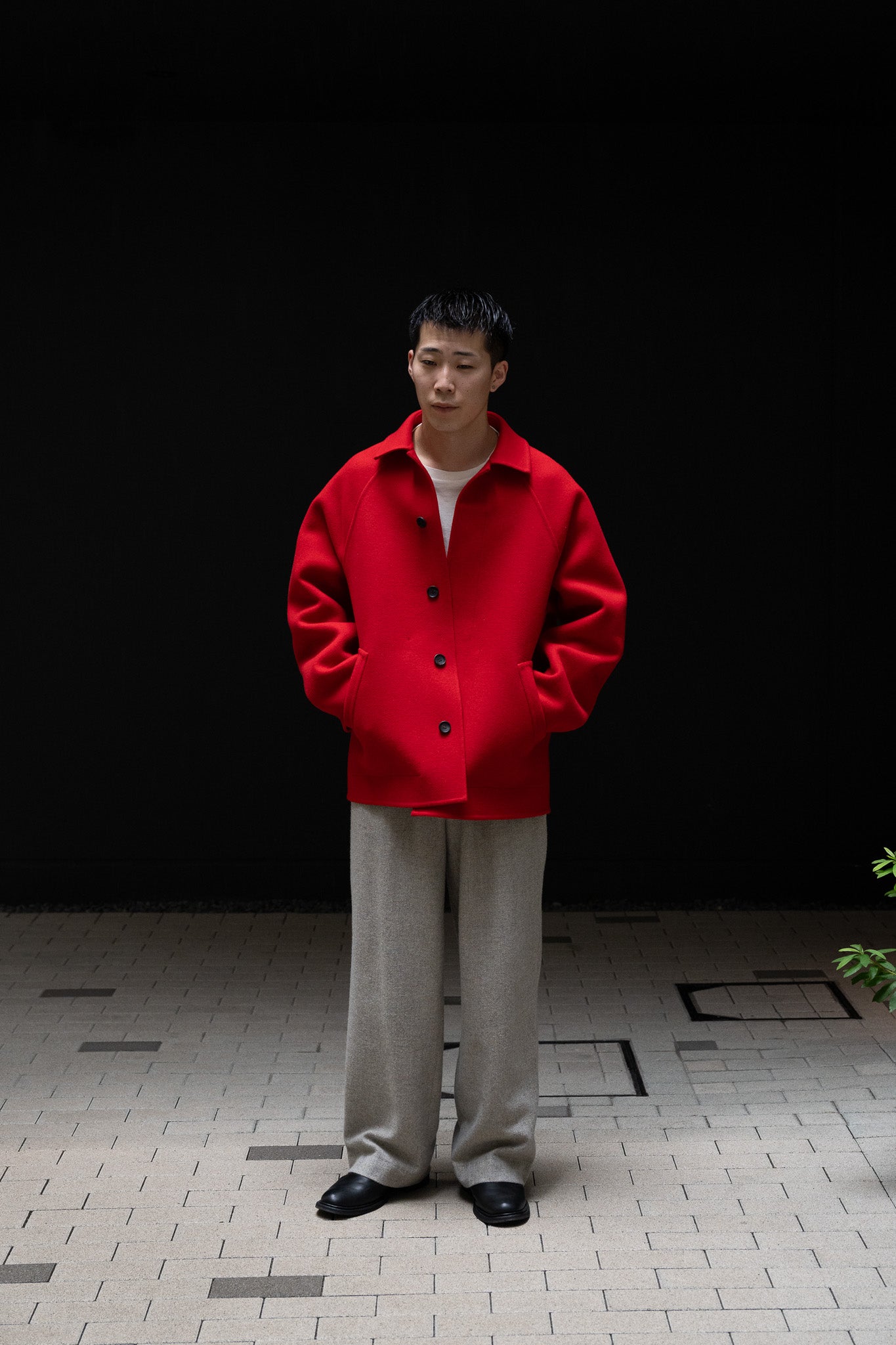 POSTELEGANT / Wool Rever Raglan Short Coat -RED