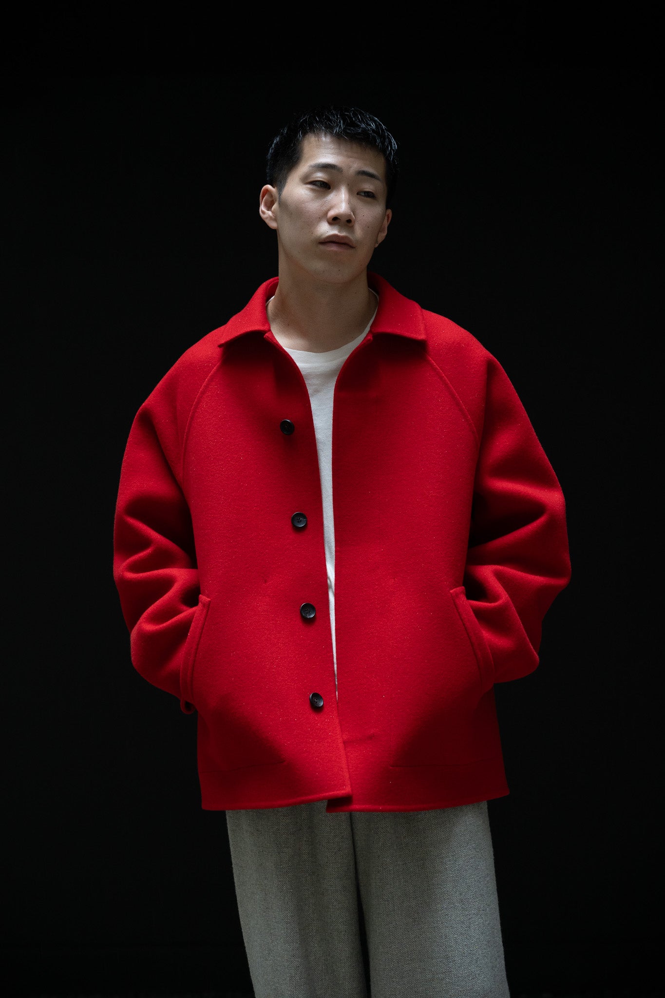 POSTELEGANT / Wool Rever Raglan Short Coat -RED