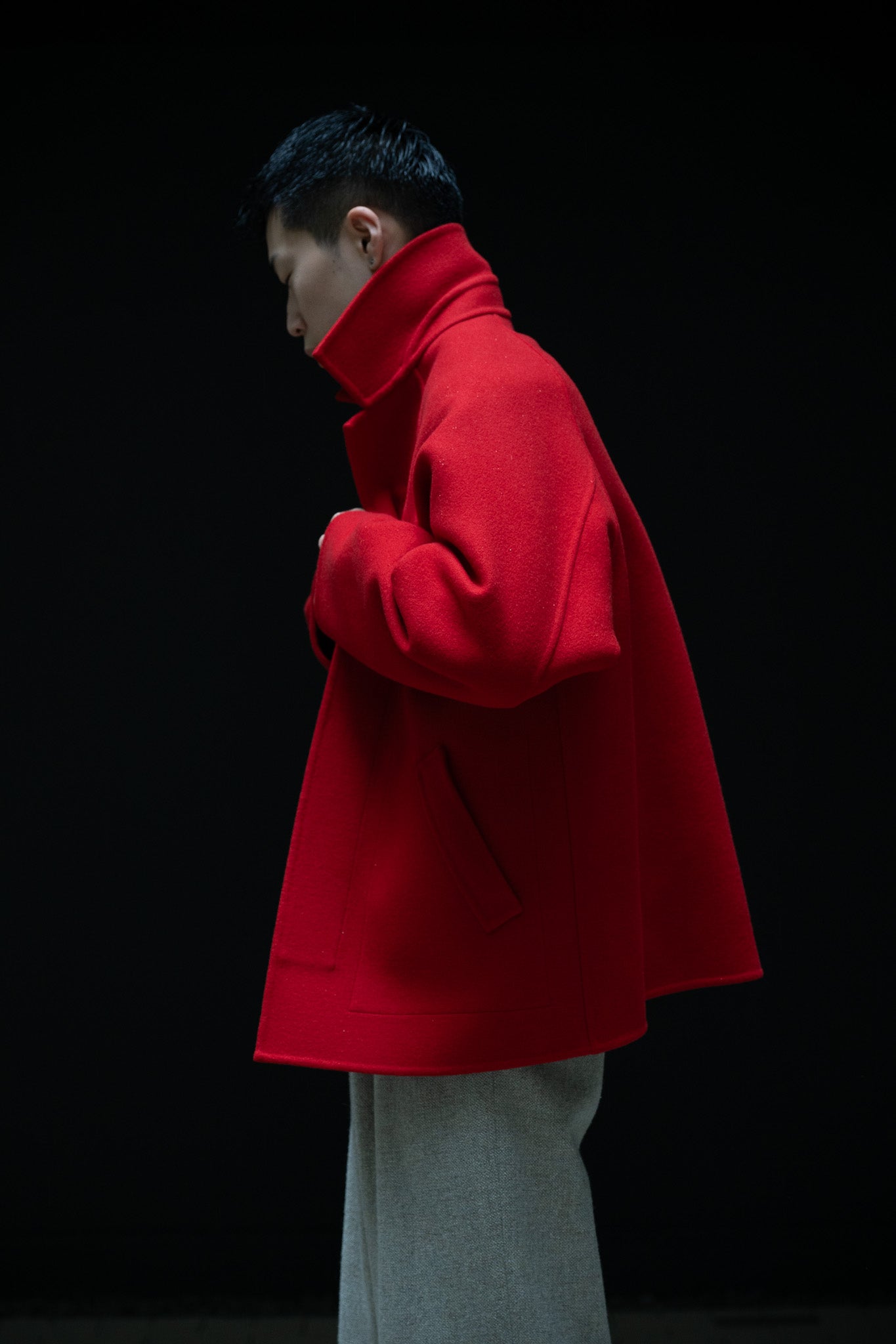 POSTELEGANT / Wool Rever Raglan Short Coat -RED