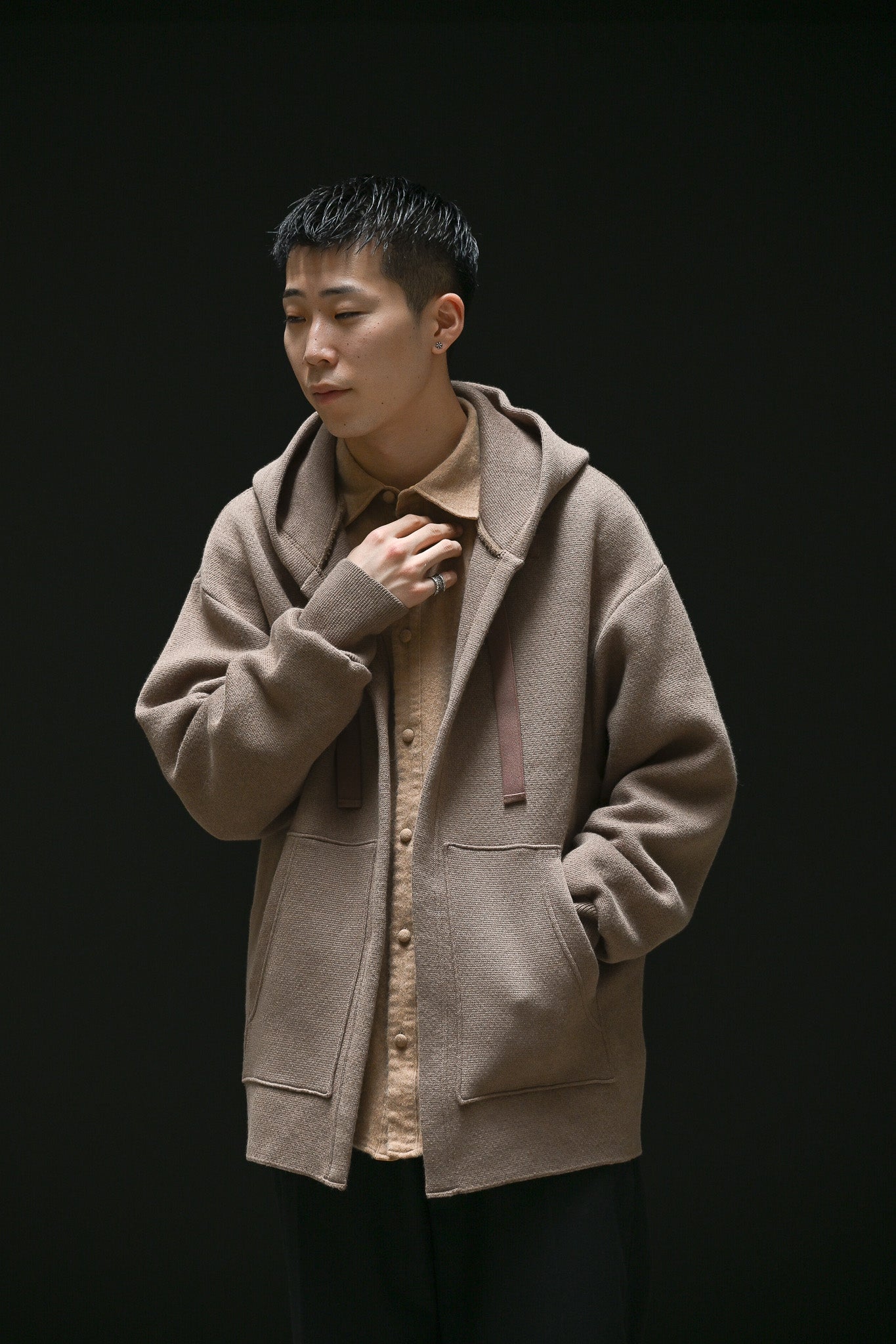 POSTELEGANT / Cotton Cashmere Knit Hoodie -BROWN