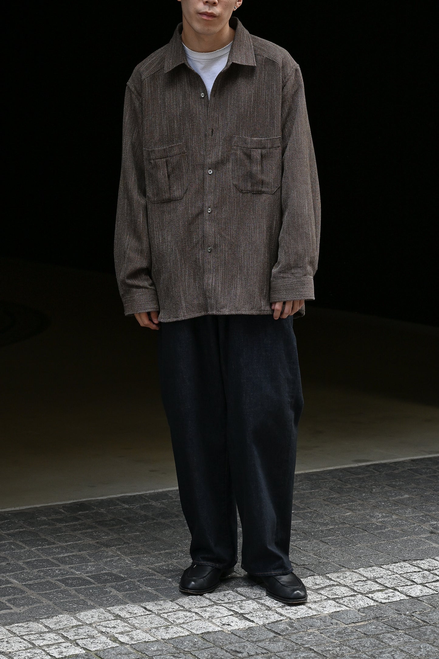 ANCELLM / MELANGE WOOL OVER WORK SHIRT -BROWN