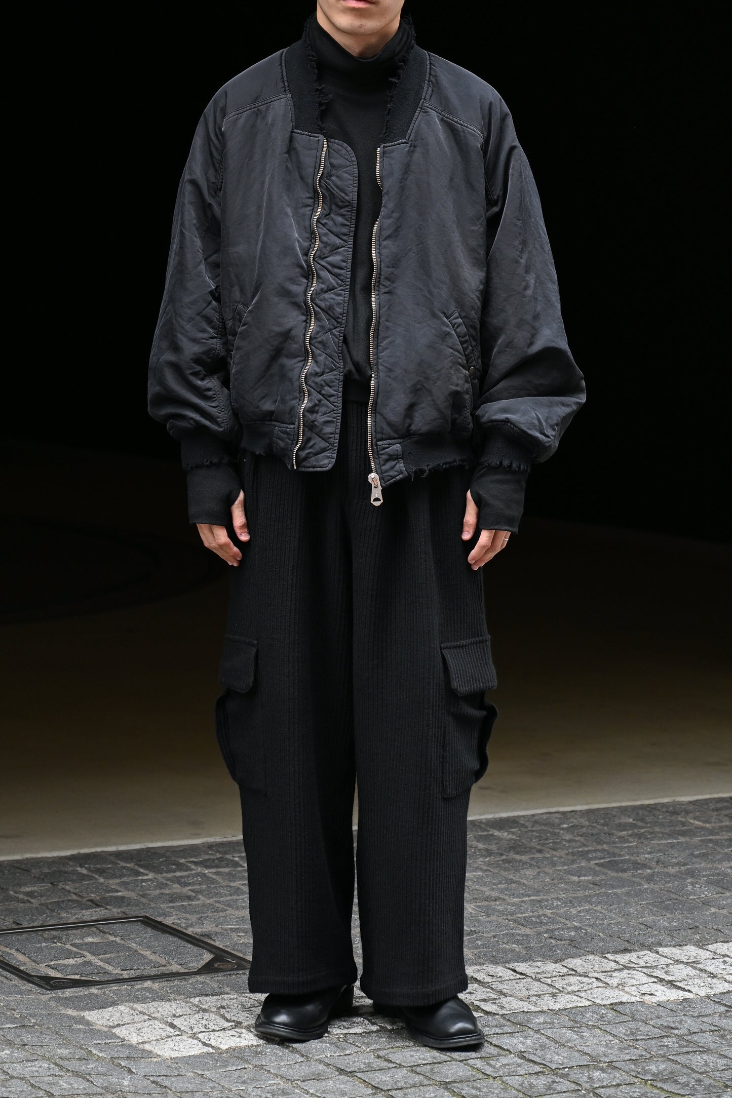 ANCELLM / WOOL CORDUROY CARGO SLACKS -BLACK