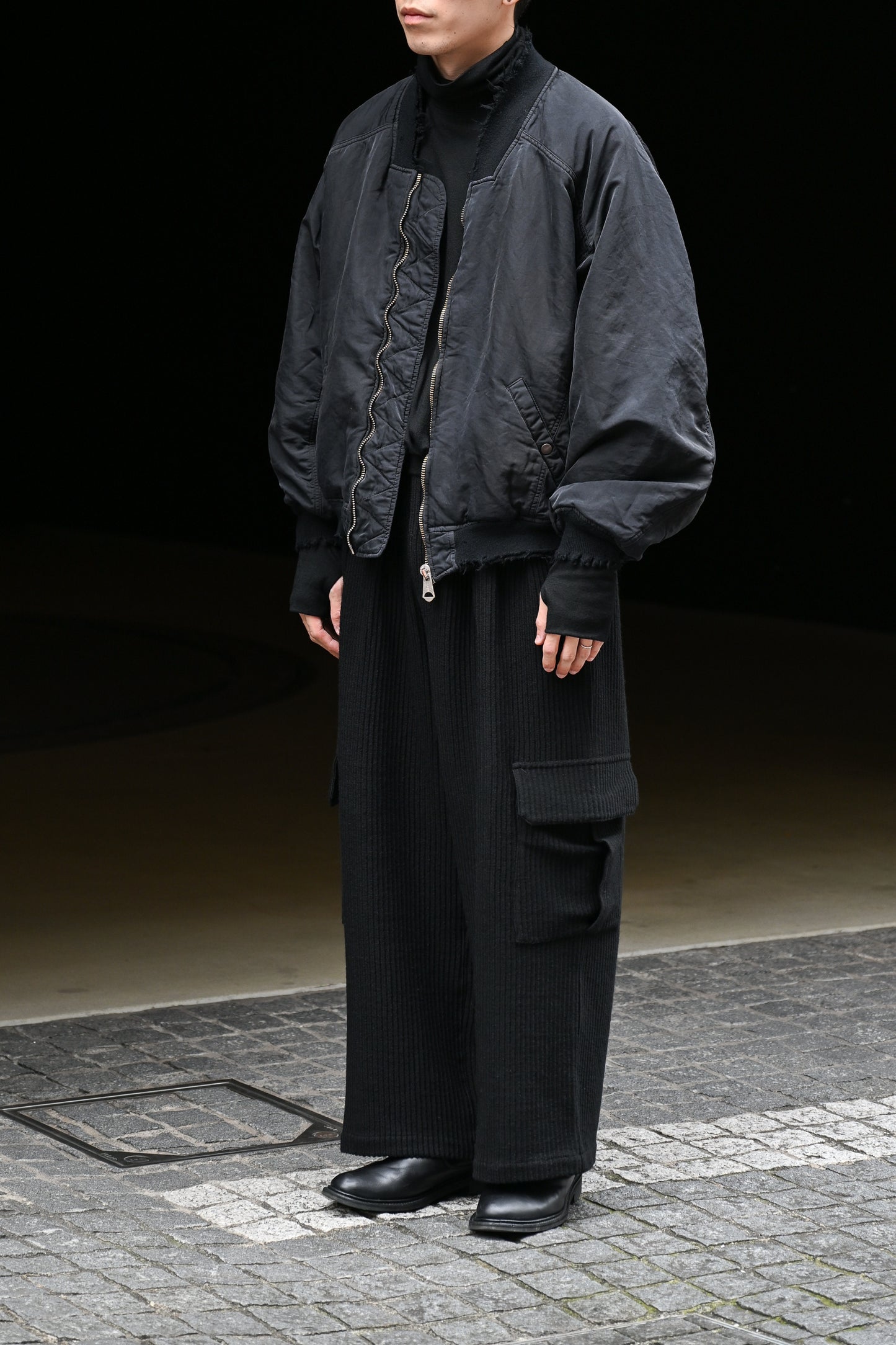 ANCELLM / WOOL CORDUROY CARGO SLACKS -BLACK