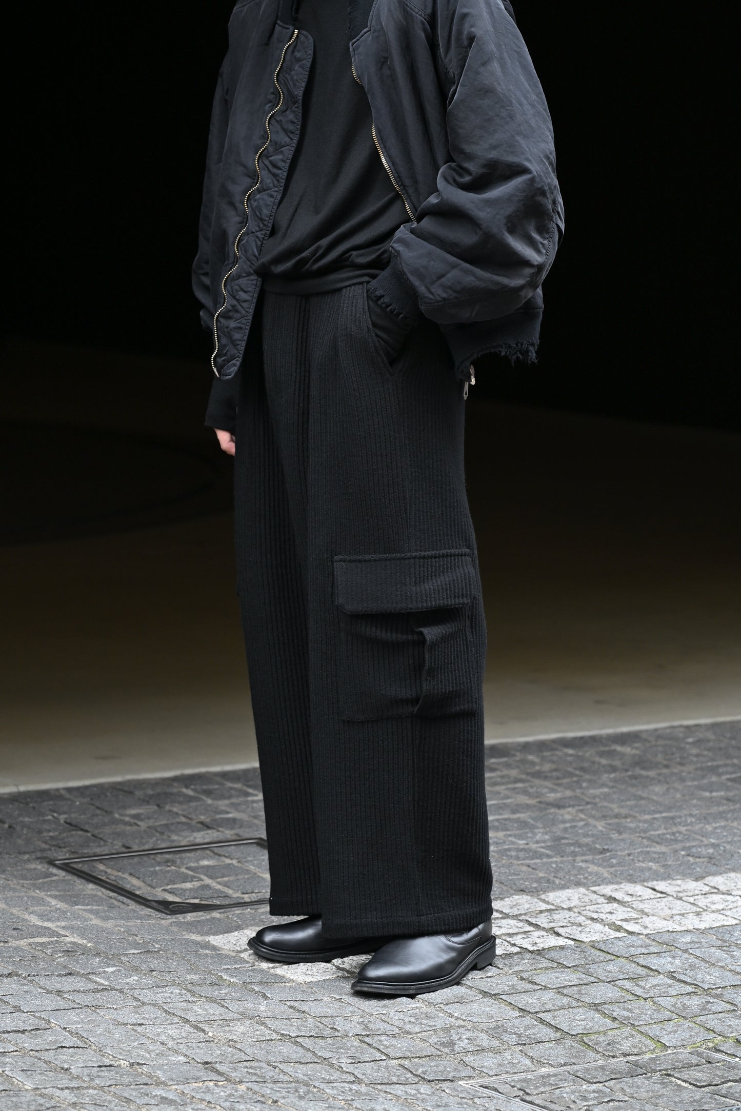 ANCELLM / WOOL CORDUROY CARGO SLACKS -BLACK