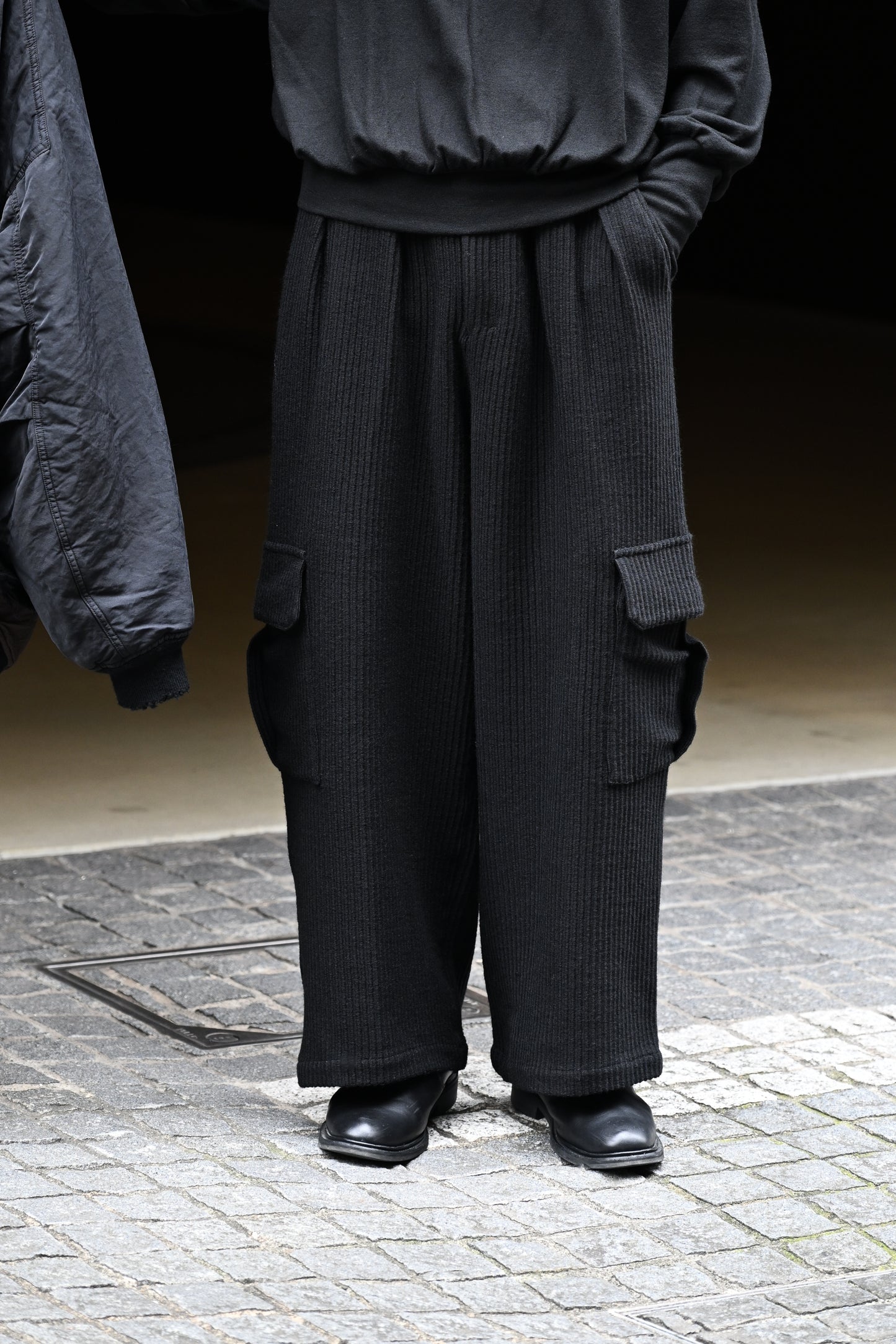 ANCELLM / WOOL CORDUROY CARGO SLACKS -BLACK