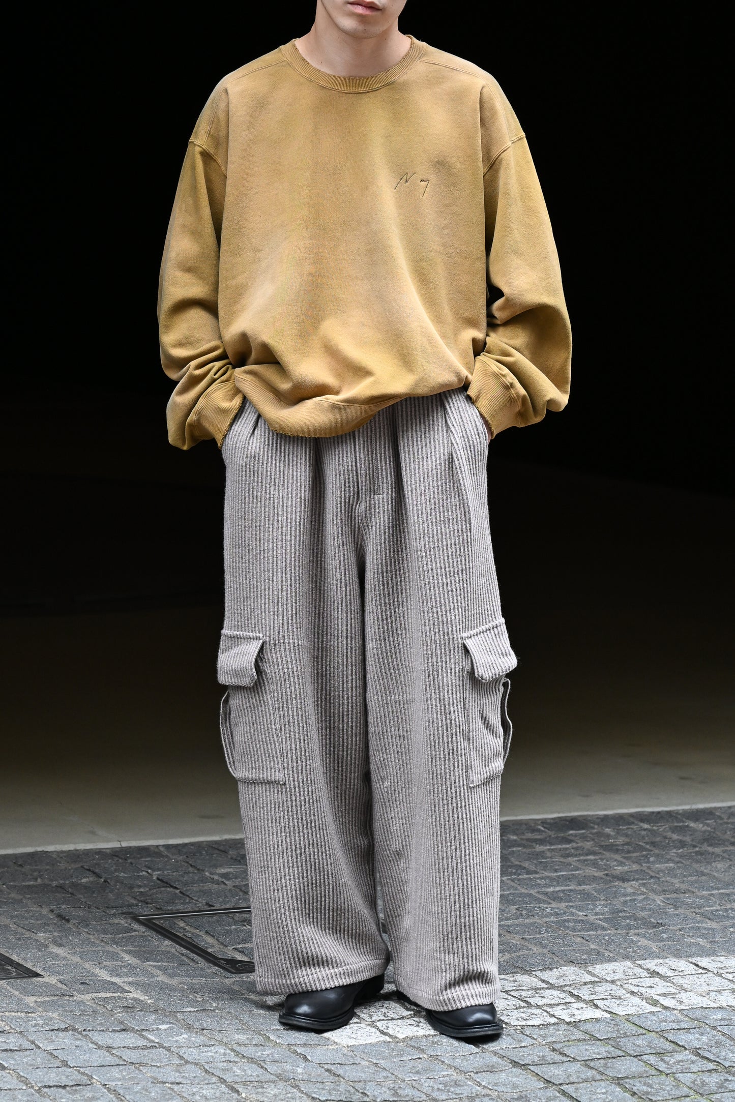 ANCELLM / WOOL CORDUROY CARGO SLACKS -SAND