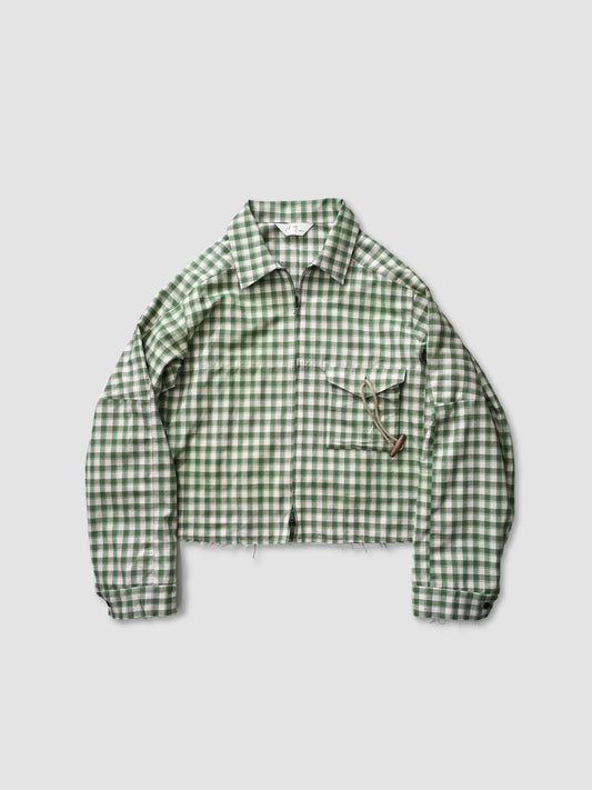 ANCELLM / C/R CHECK SHORT ZIPUP SHIRT -GREEN