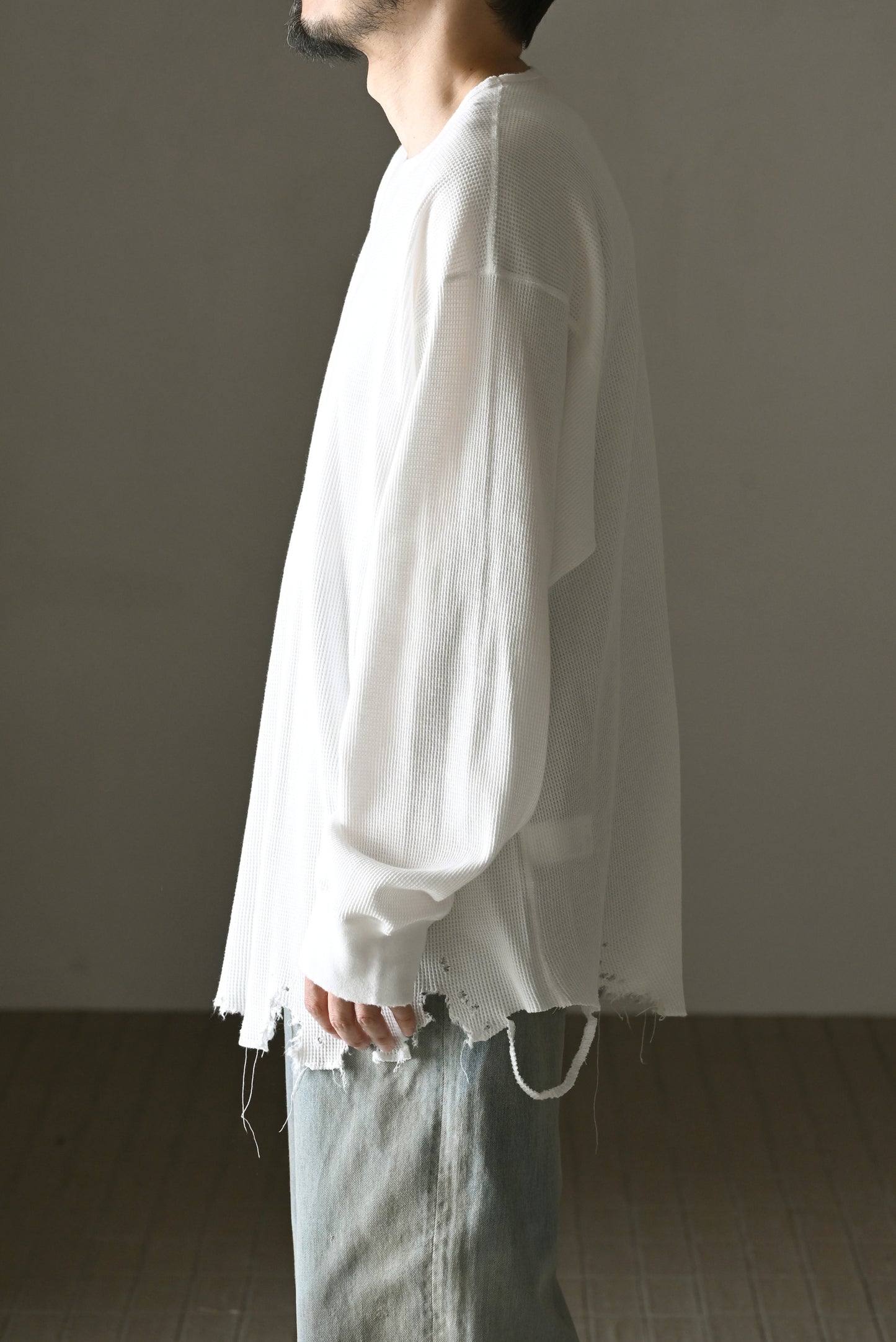 ANCELLM / DAMAGE WAFFLE CREW LS -WHITE