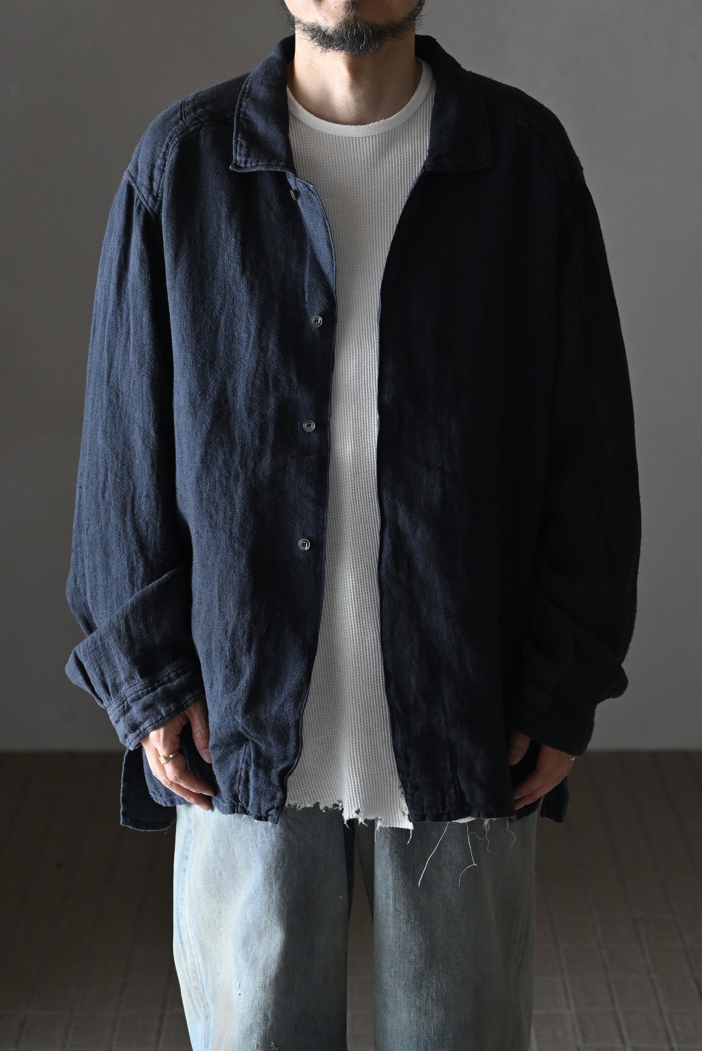ANCELLM / AGING LINEN CROSS-LINE SHIRT -NAVY