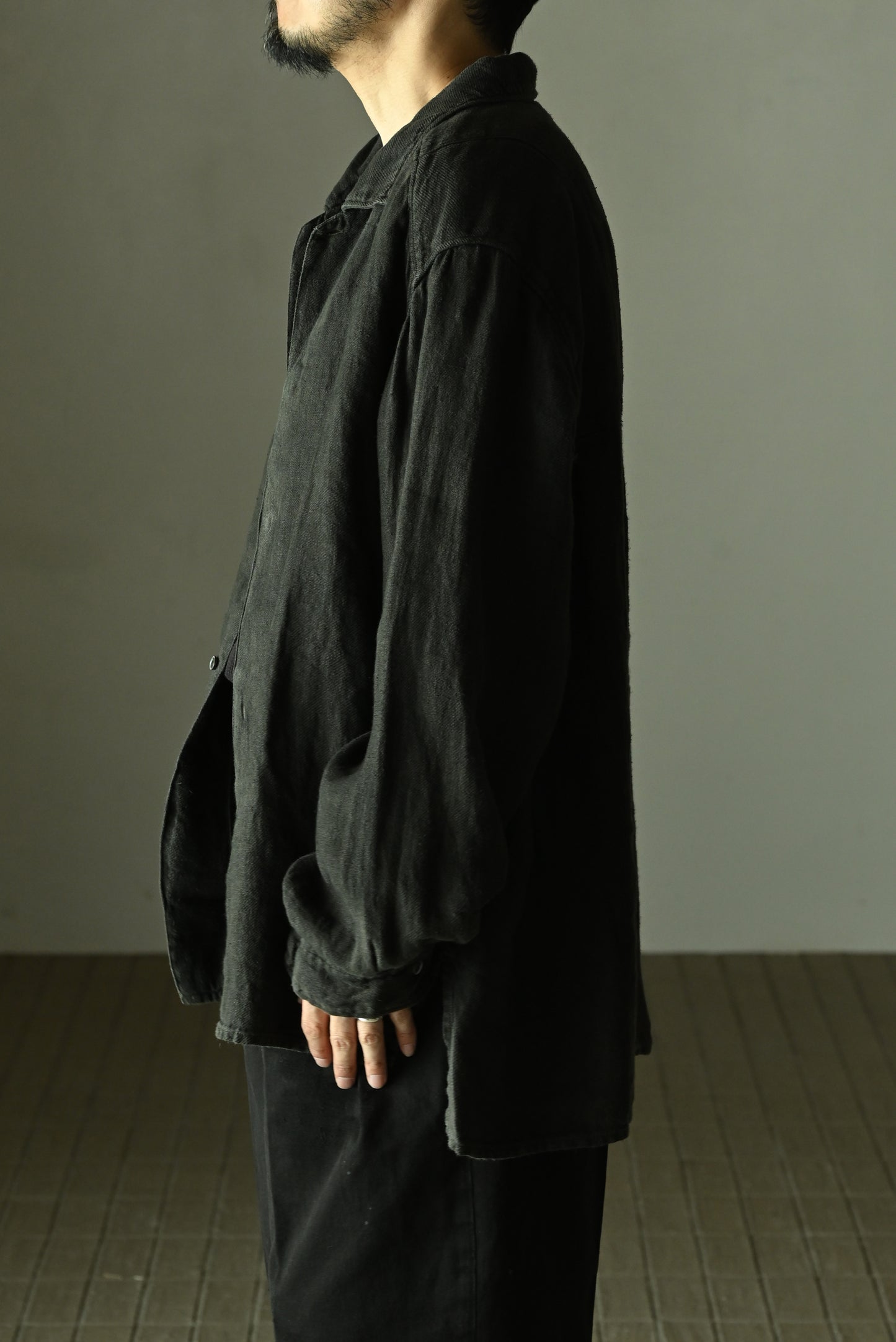 ANCELLM / AGING LINEN CROSS-LINE SHIRT -BLACK