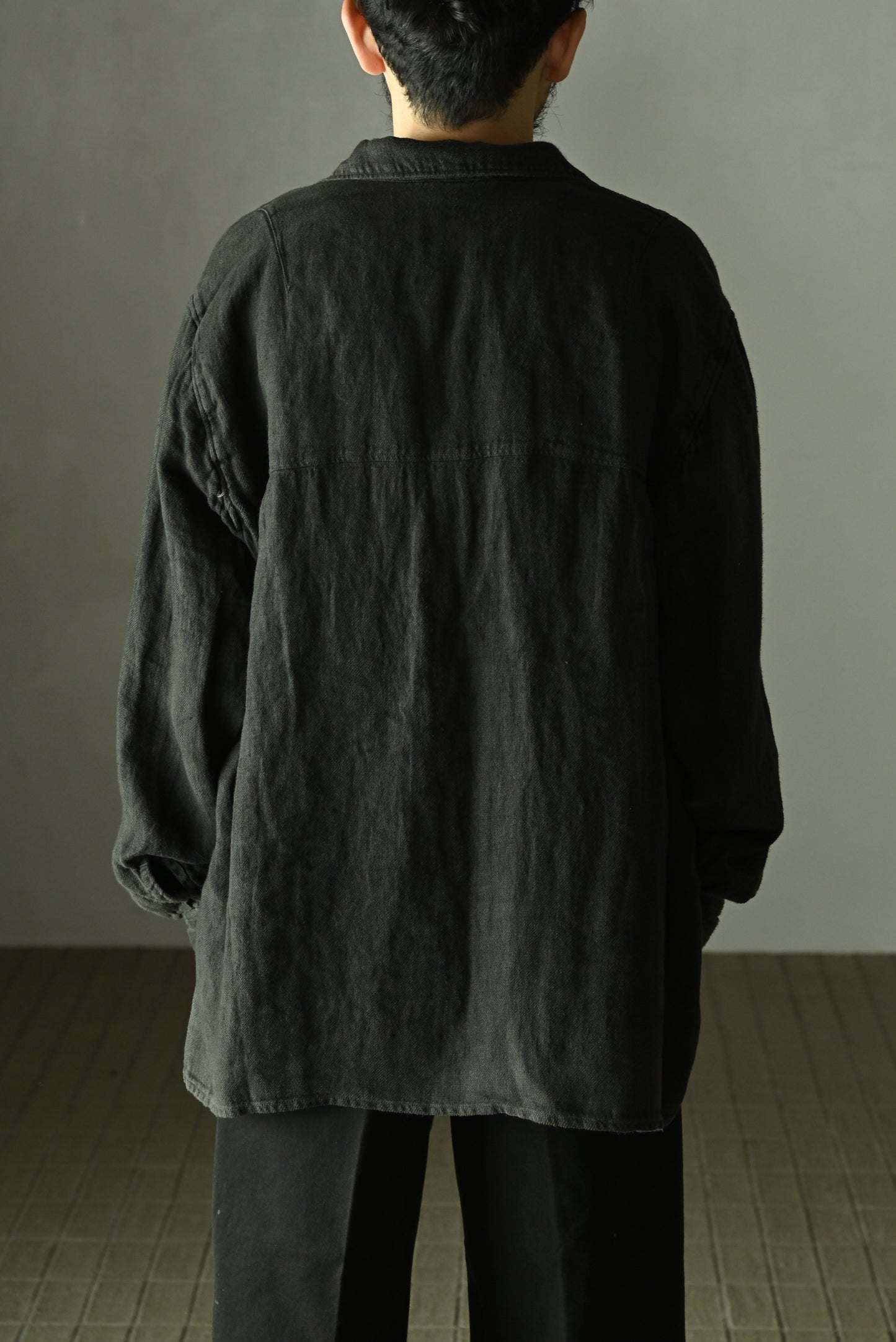 ANCELLM / AGING LINEN CROSS-LINE SHIRT -BLACK