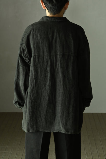 ANCELLM / AGING LINEN CROSS-LINE SHIRT -BLACK