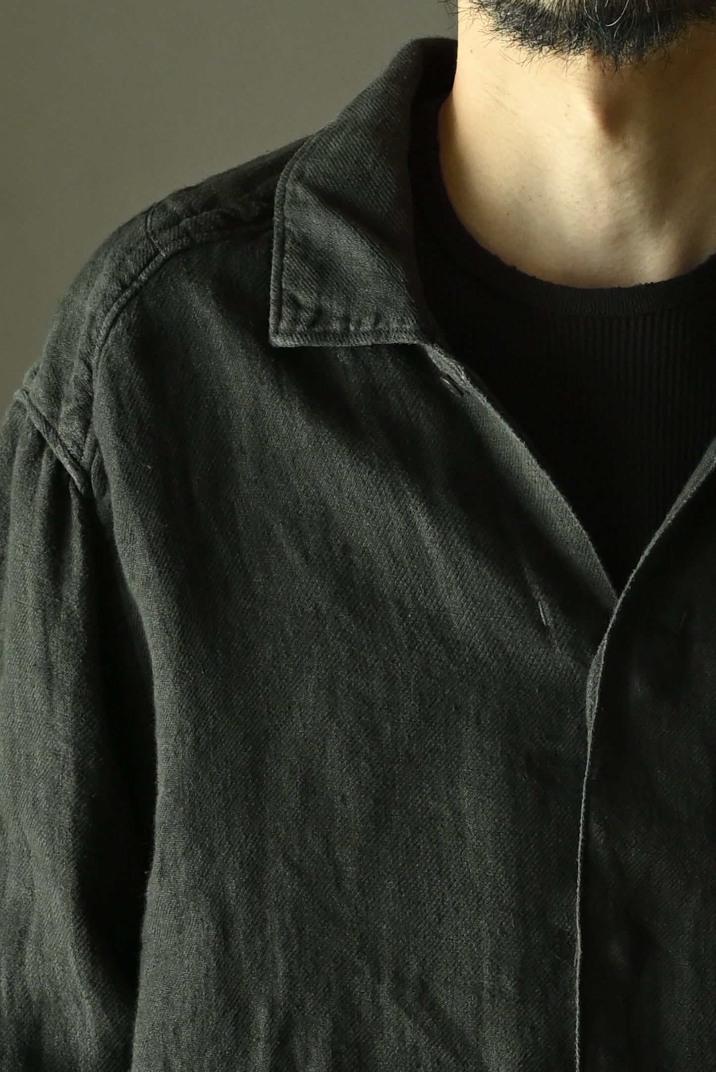 ANCELLM / AGING LINEN CROSS-LINE SHIRT -BLACK