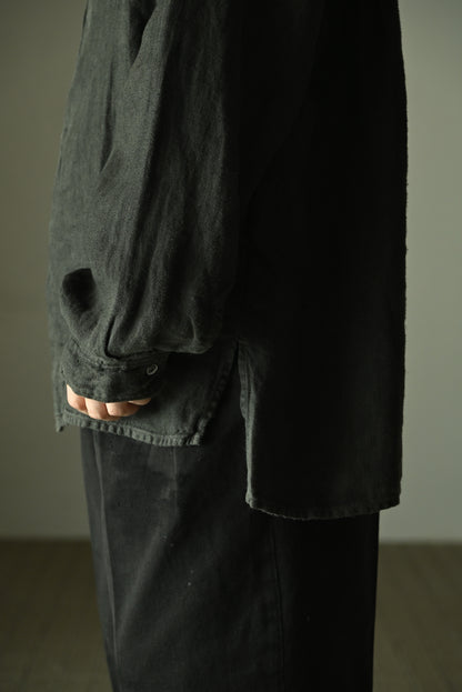 ANCELLM / AGING LINEN CROSS-LINE SHIRT -BLACK