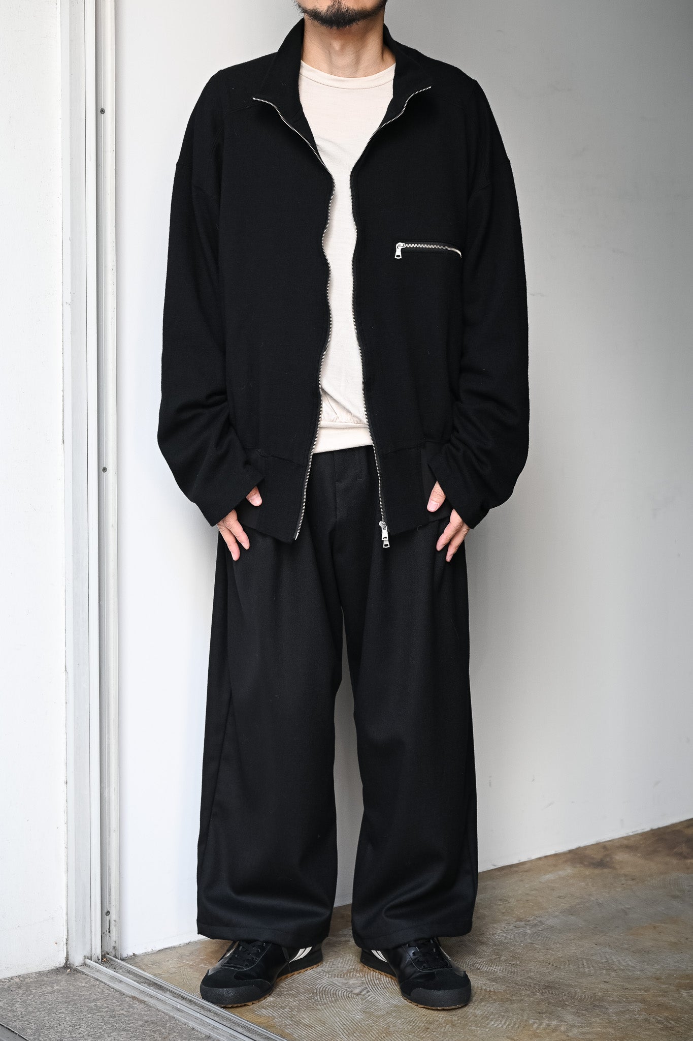 ANCELLM / SHRINK WOOL ZIP UP STAND BLOUSON -BLACK