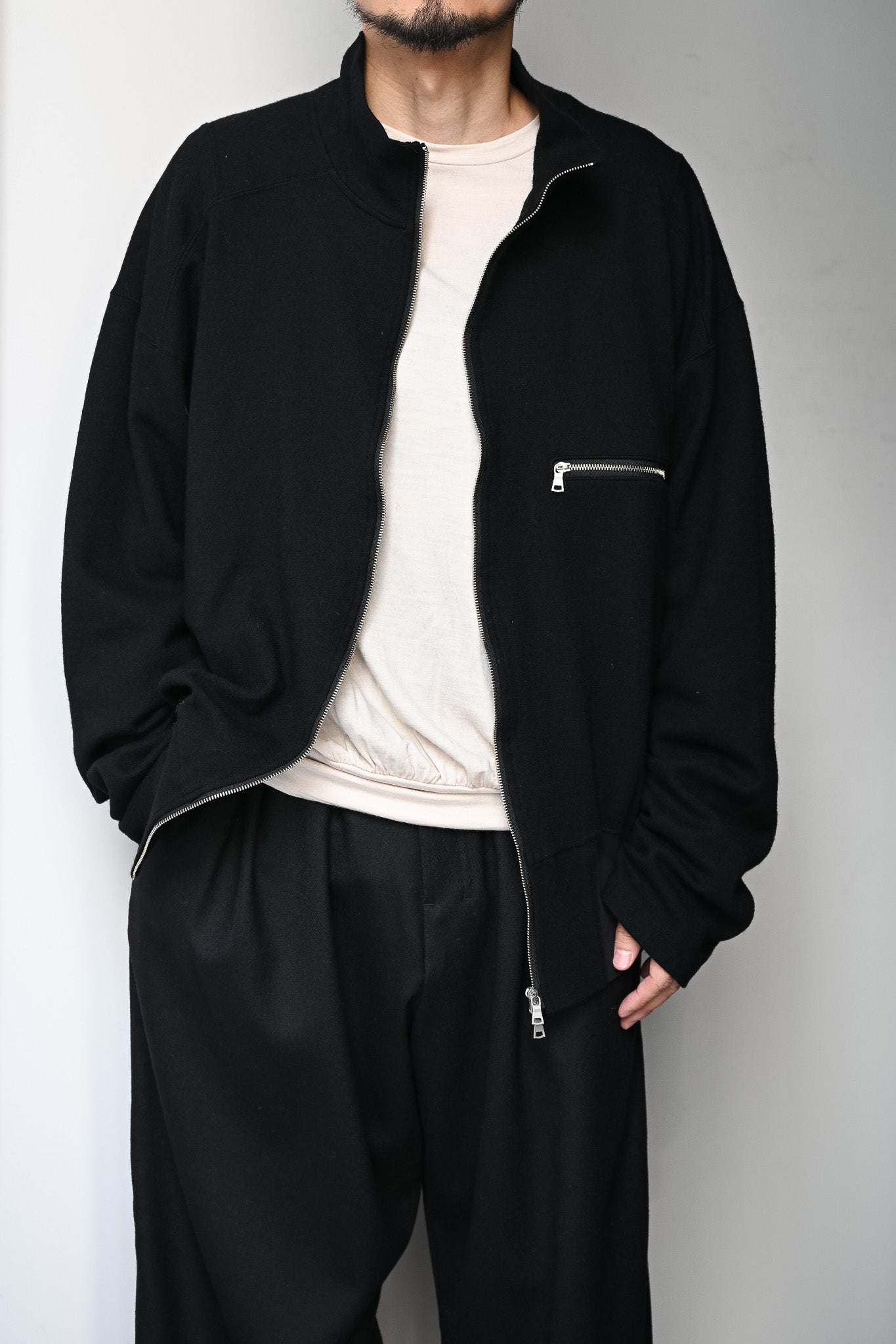 ANCELLM / SHRINK WOOL ZIP UP STAND BLOUSON -BLACK