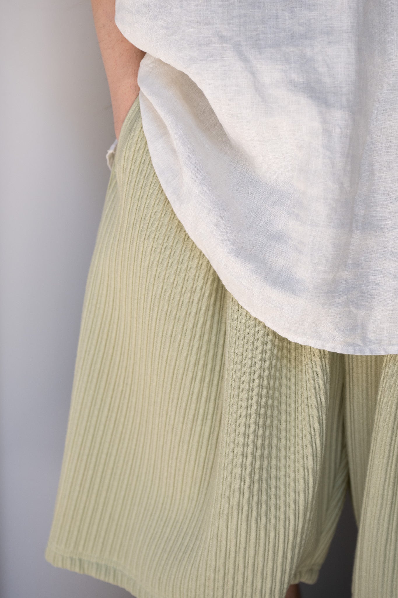 ANCELLM / WRINKLED STRIPE TUCK SHORT PANTS -WASABI – and father