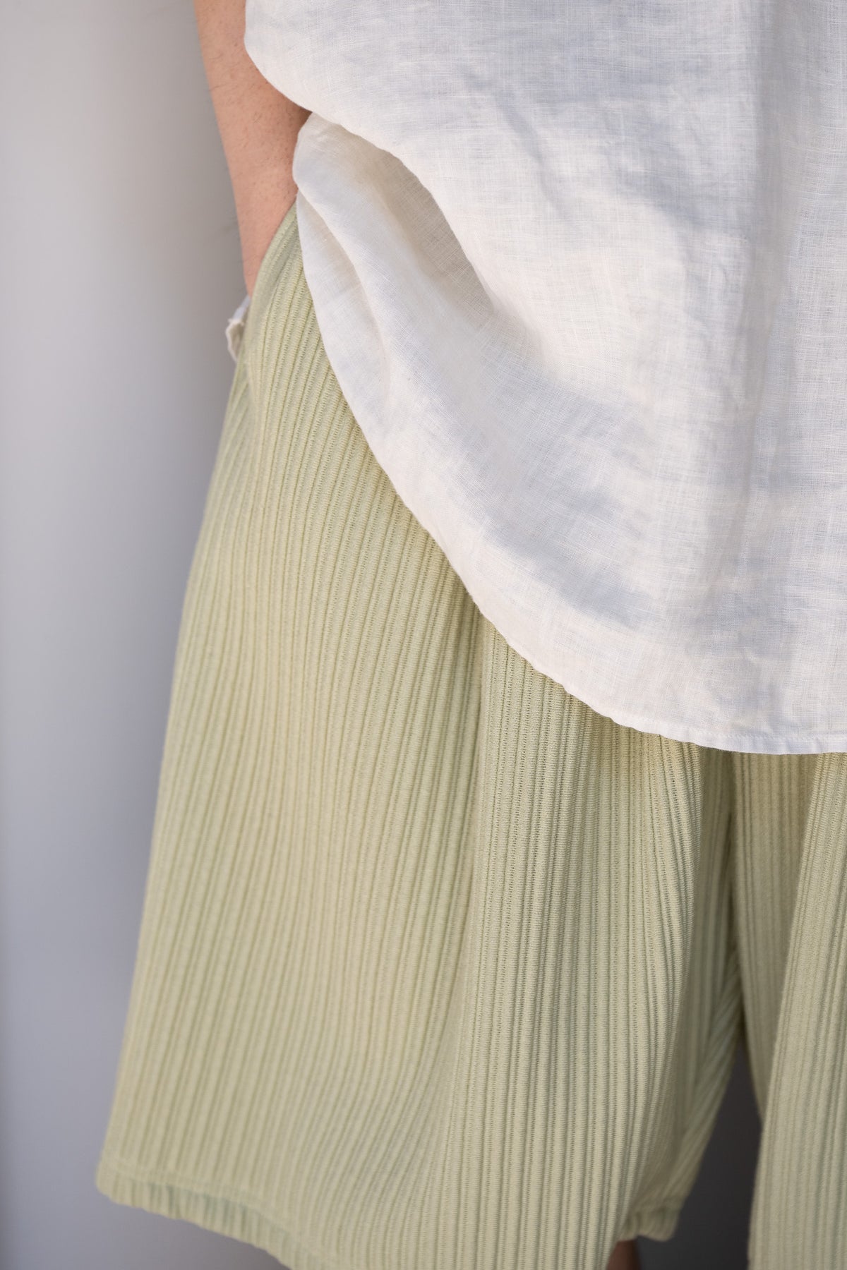 ANCELLM / WRINKLED STRIPE TUCK SHORT PANTS -WASABI – and father