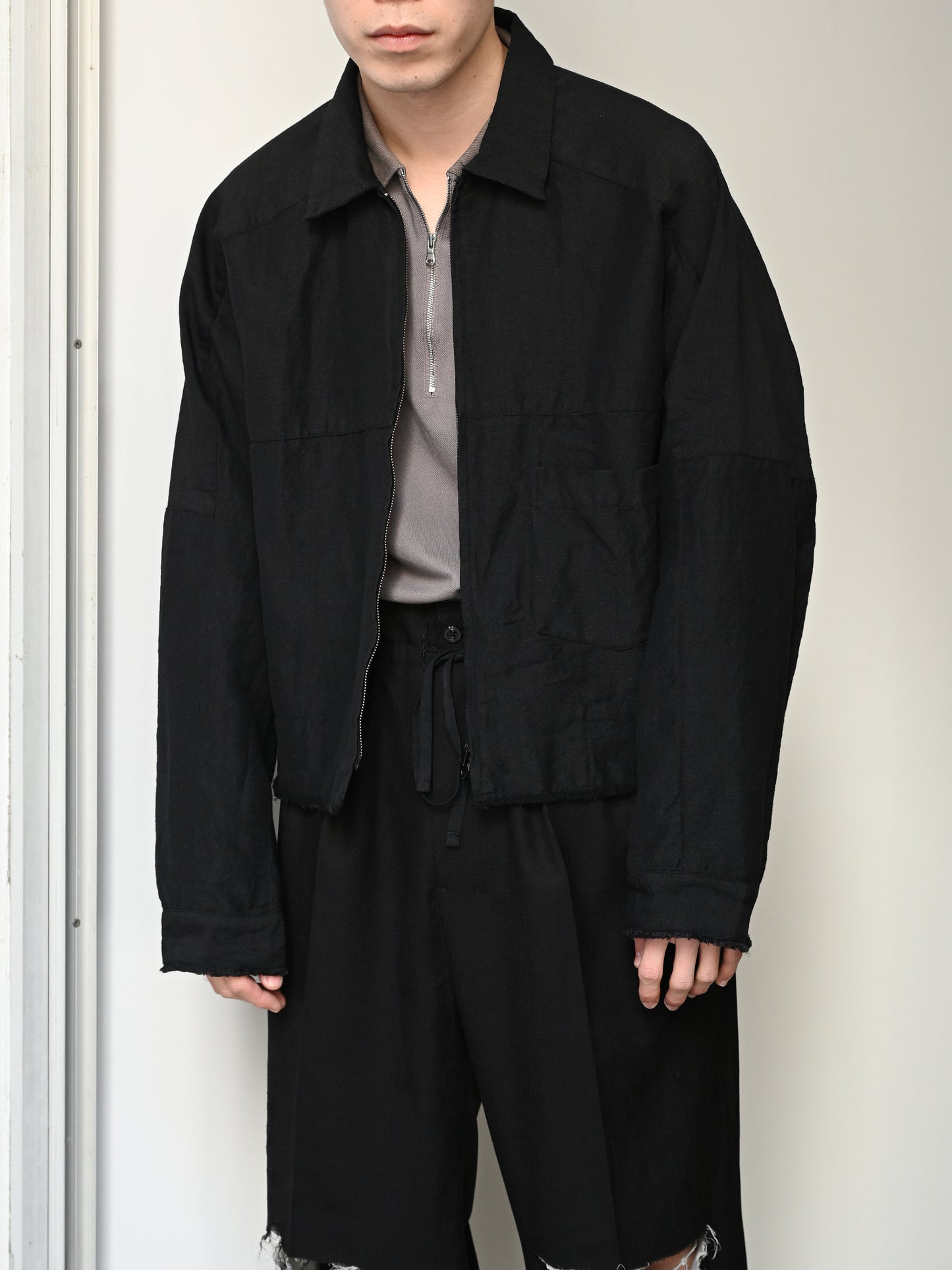 ANCELLM / W/L SHORT ZIPUP SHIRT -BLACK