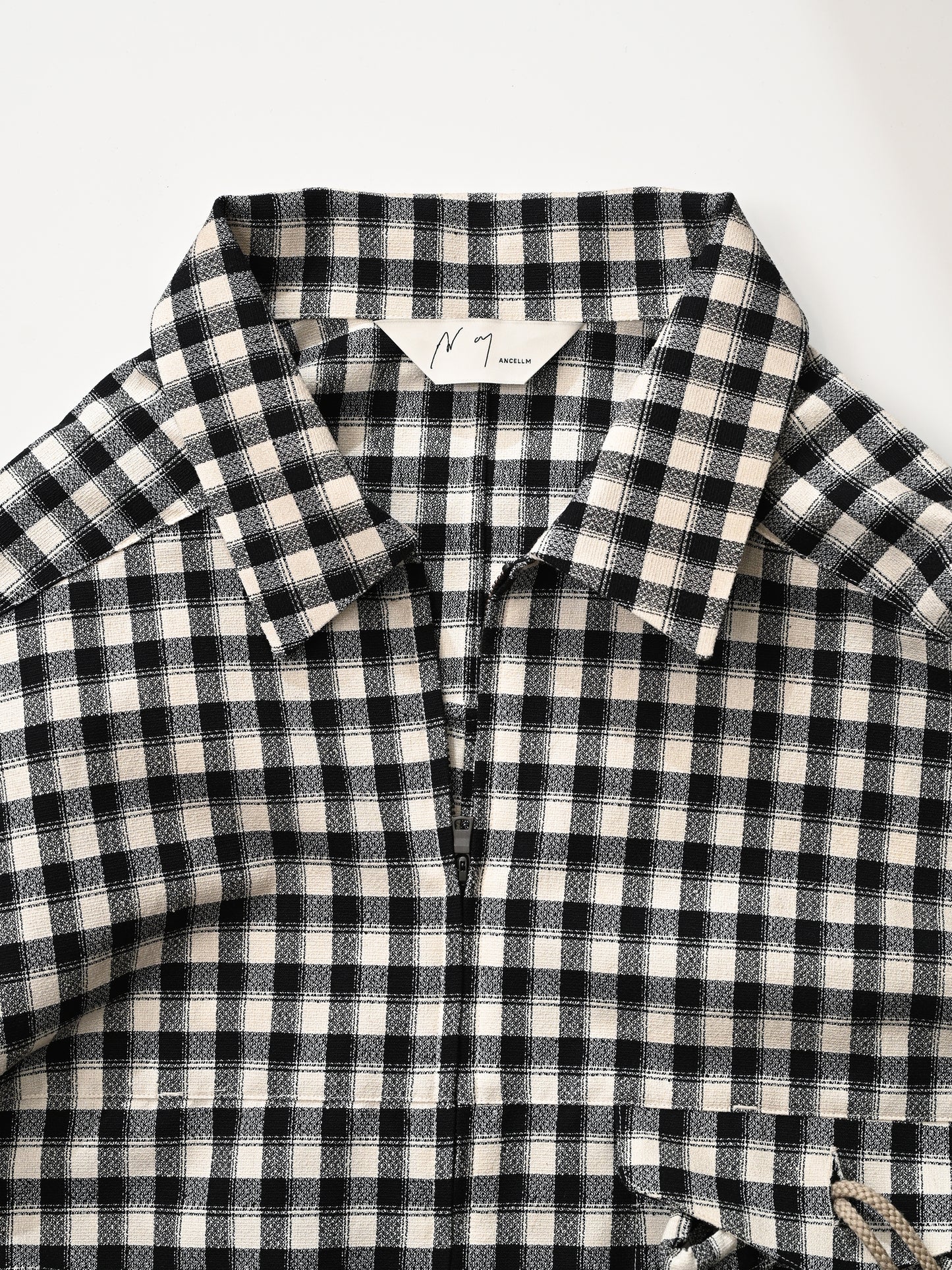 ANCELLM / C/R CHECK SHORT ZIPUP SHIRT -BLACK