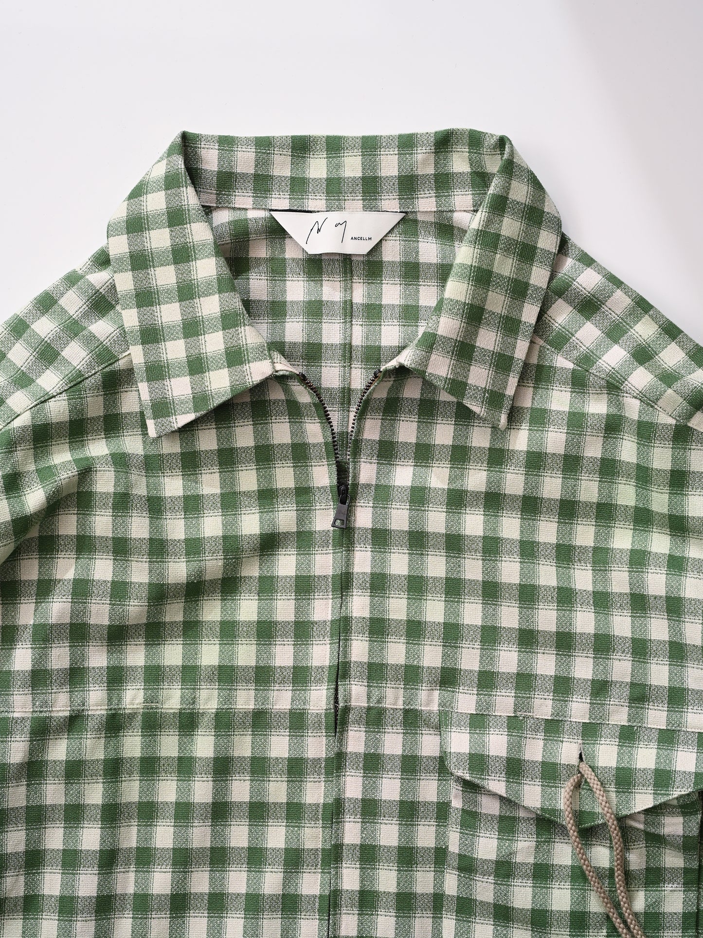 ANCELLM / C/R CHECK SHORT ZIPUP SHIRT -GREEN