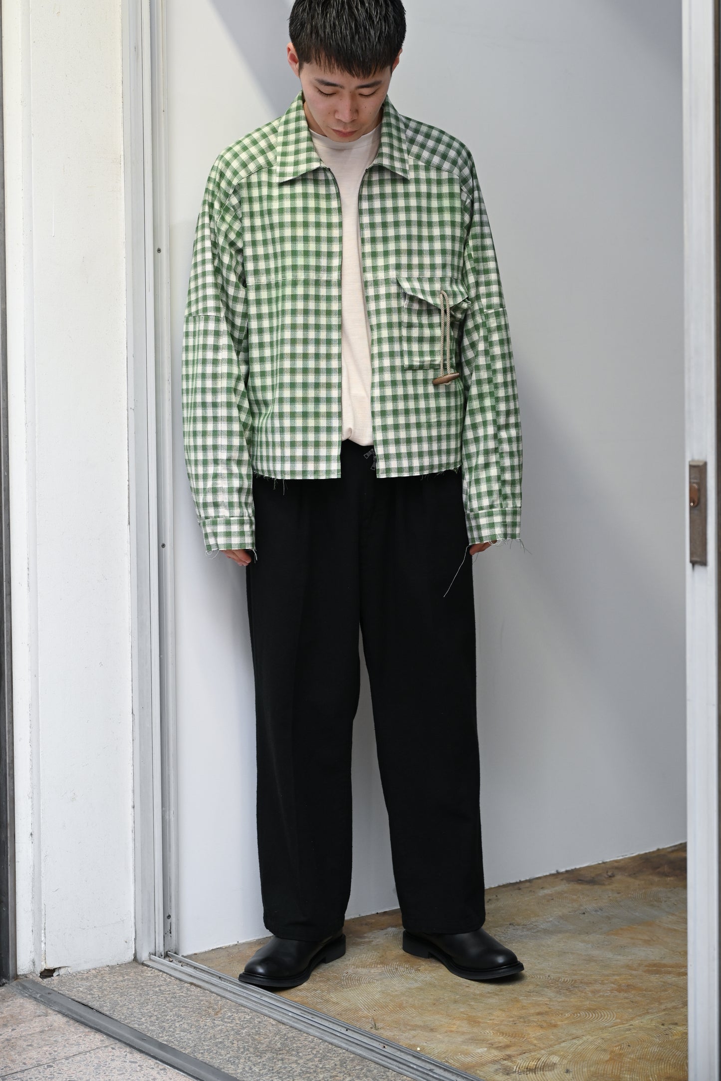 ANCELLM / C/R CHECK SHORT ZIPUP SHIRT -GREEN