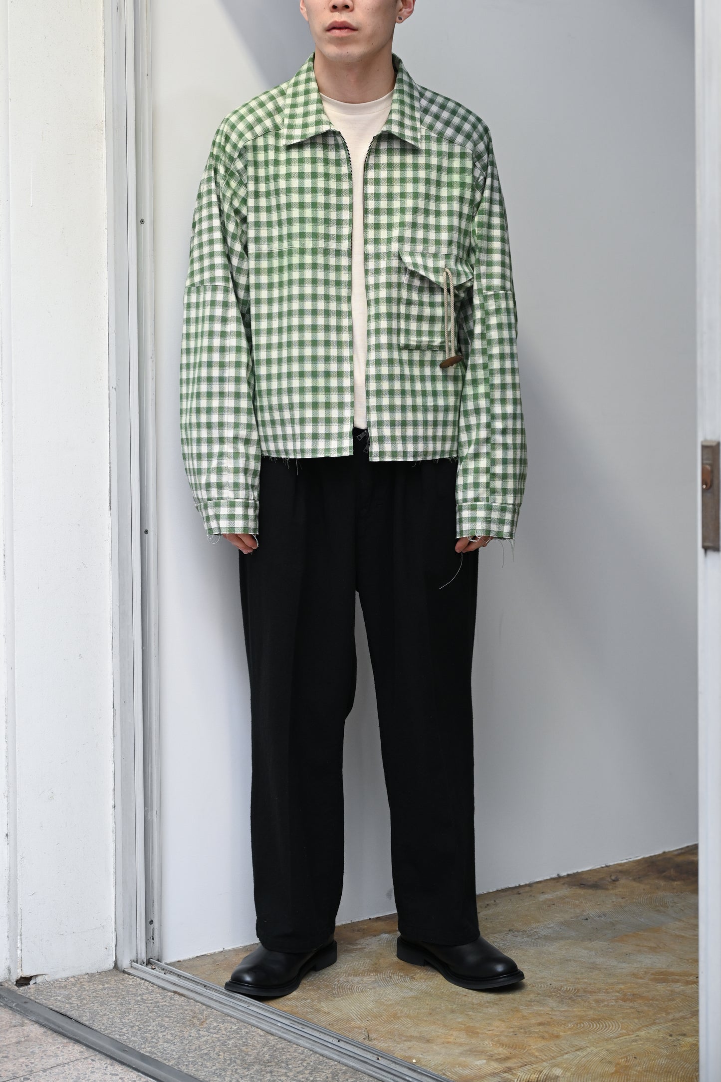 ANCELLM / C/R CHECK SHORT ZIPUP SHIRT -GREEN