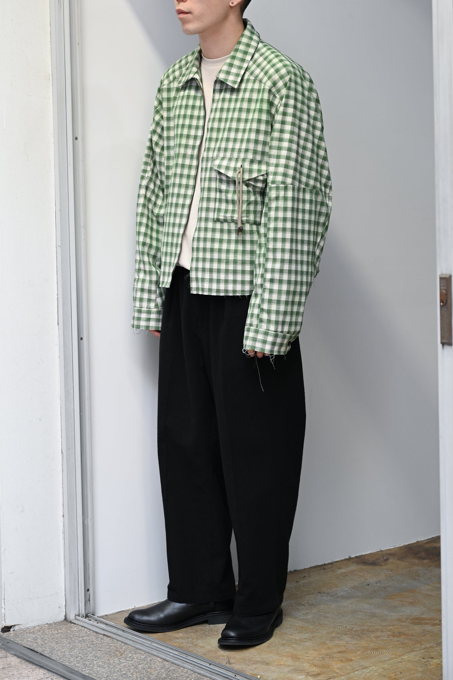 ANCELLM / C/R CHECK SHORT ZIPUP SHIRT -GREEN