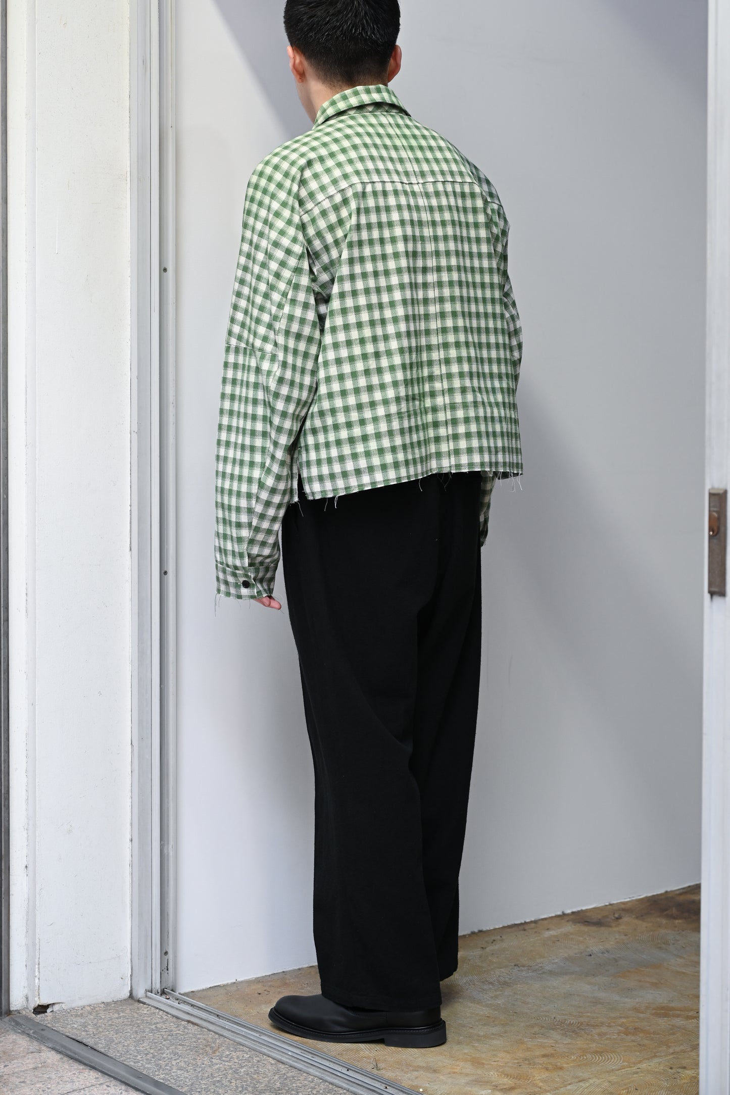 ANCELLM / C/R CHECK SHORT ZIPUP SHIRT -GREEN