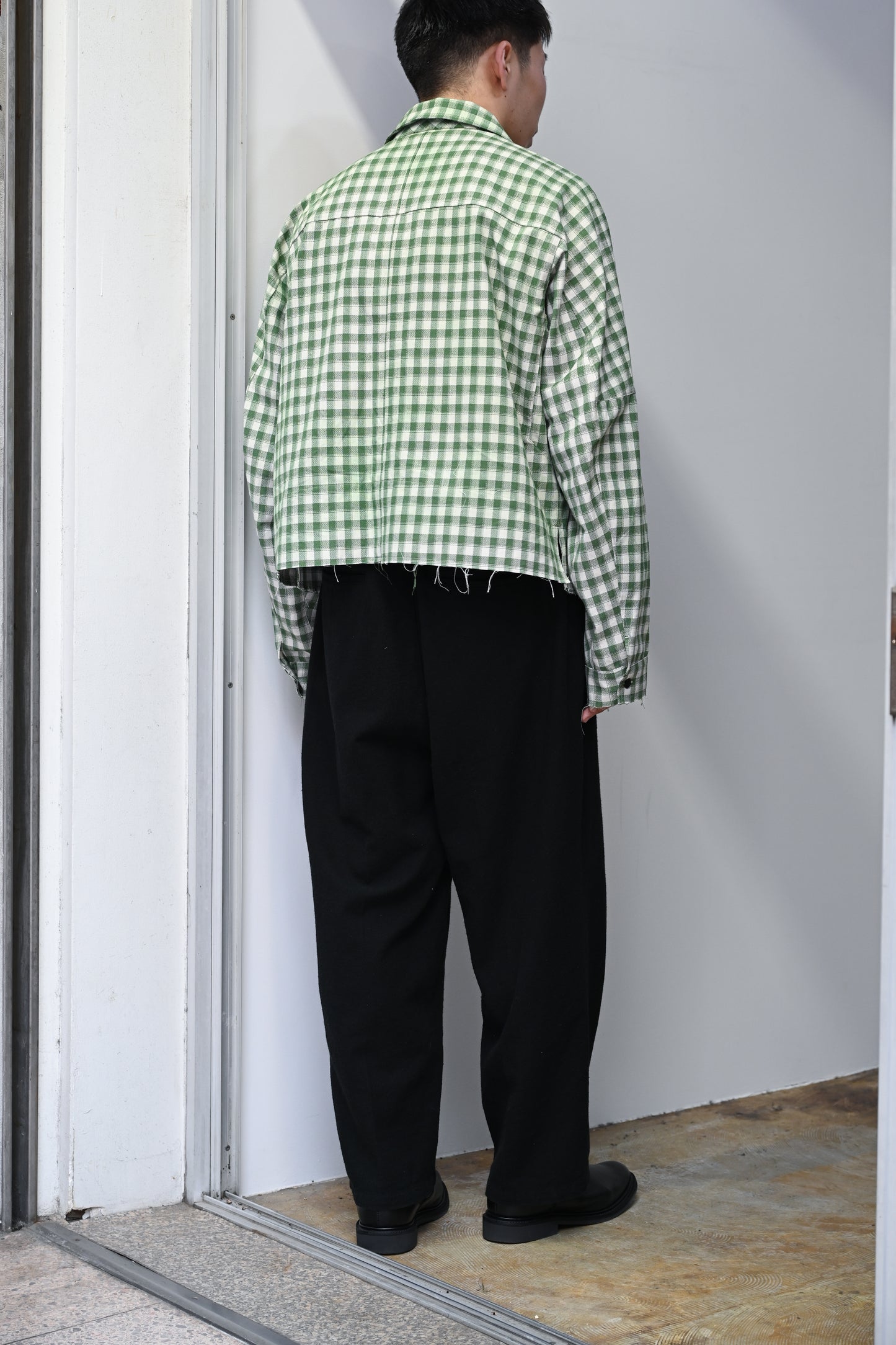 ANCELLM / C/R CHECK SHORT ZIPUP SHIRT -GREEN