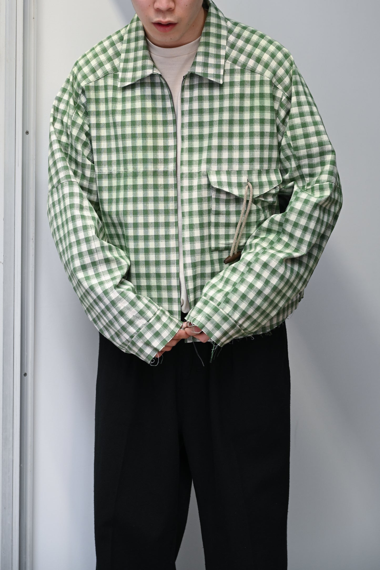 ANCELLM / C/R CHECK SHORT ZIPUP SHIRT -GREEN