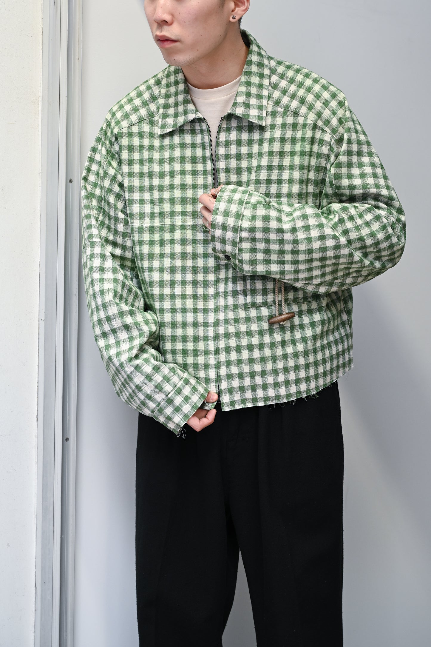 ANCELLM / C/R CHECK SHORT ZIPUP SHIRT -GREEN