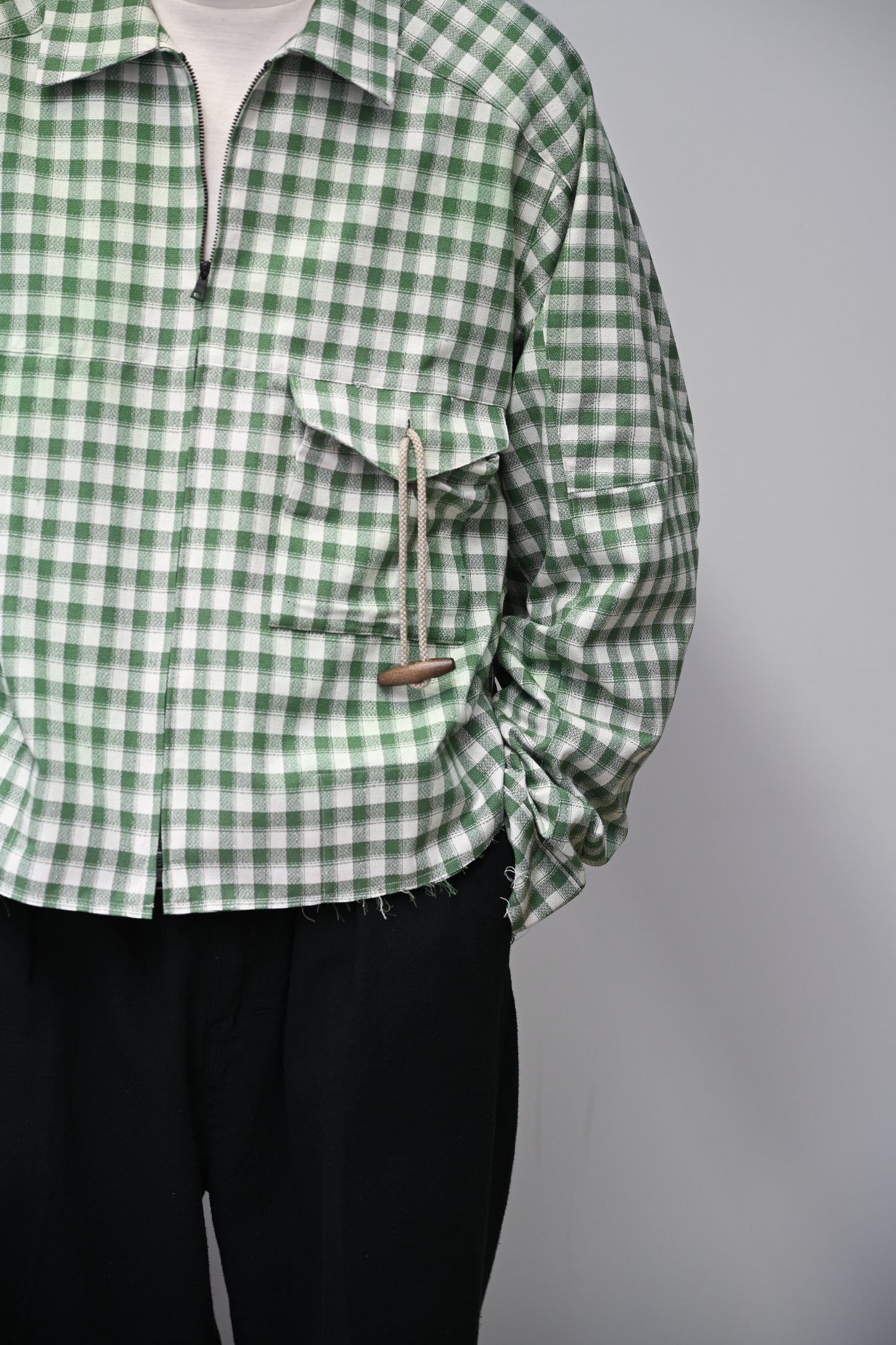 ANCELLM / C/R CHECK SHORT ZIPUP SHIRT -GREEN