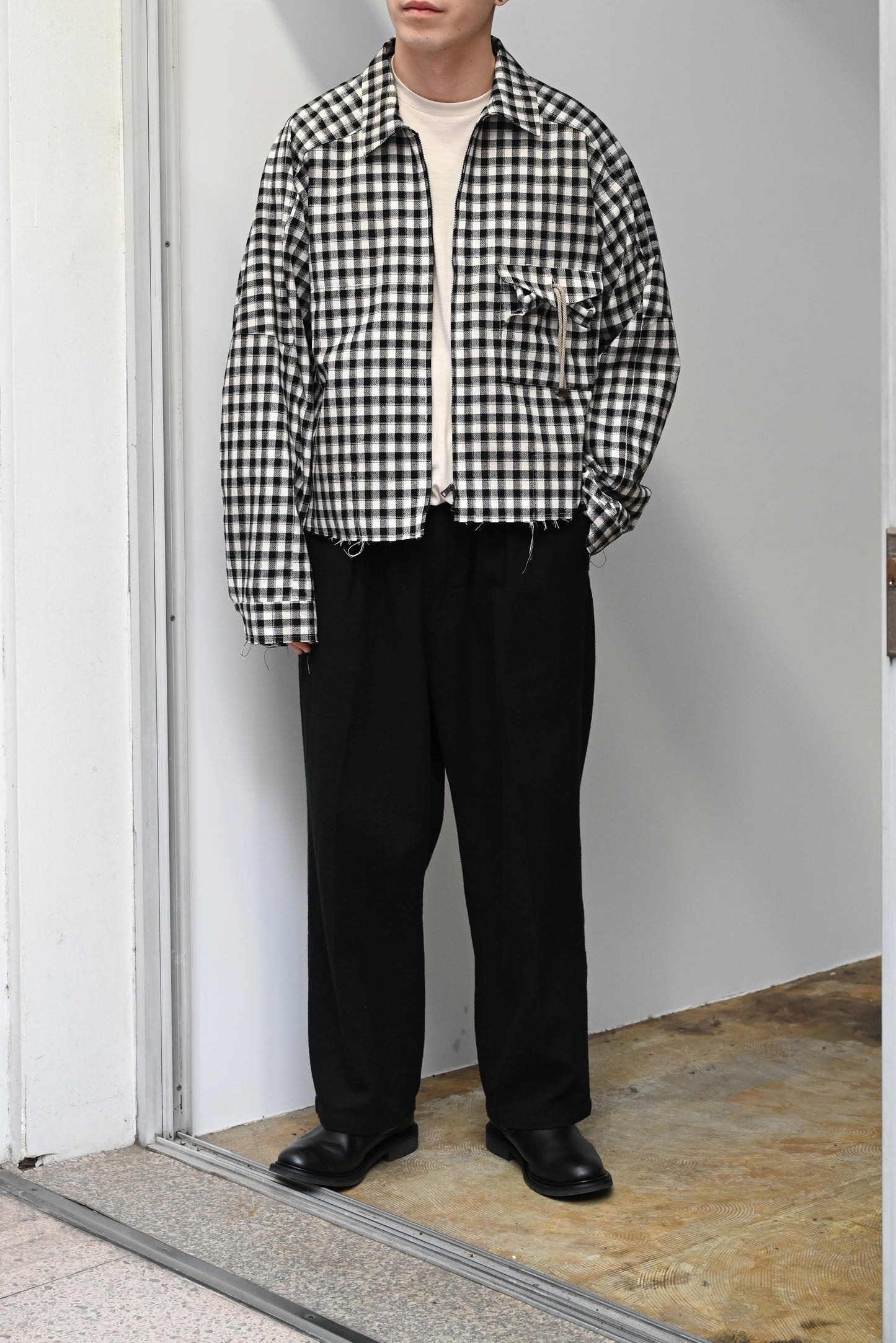 ANCELLM / C/R CHECK SHORT ZIPUP SHIRT -BLACK