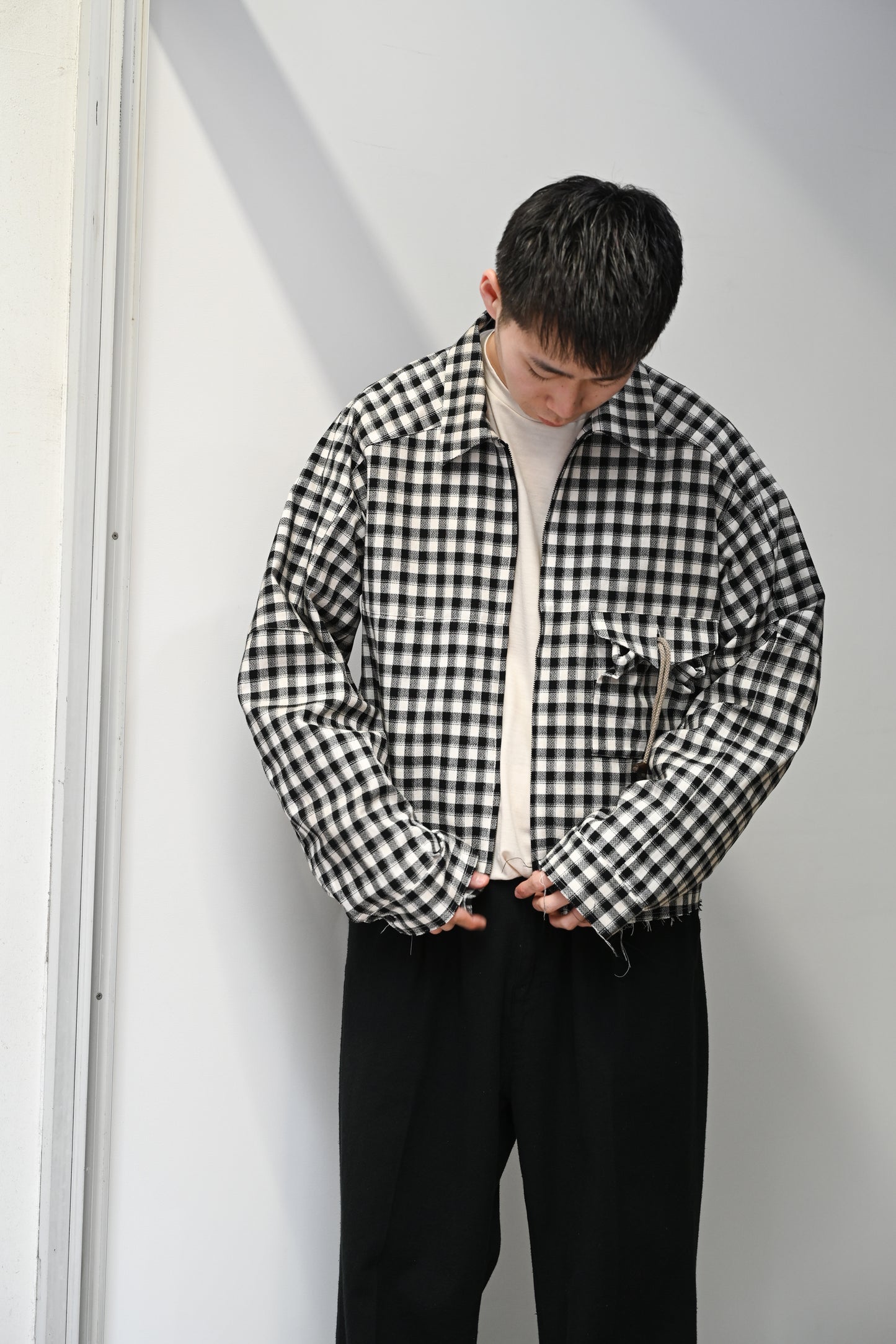 ANCELLM / C/R CHECK SHORT ZIPUP SHIRT -BLACK