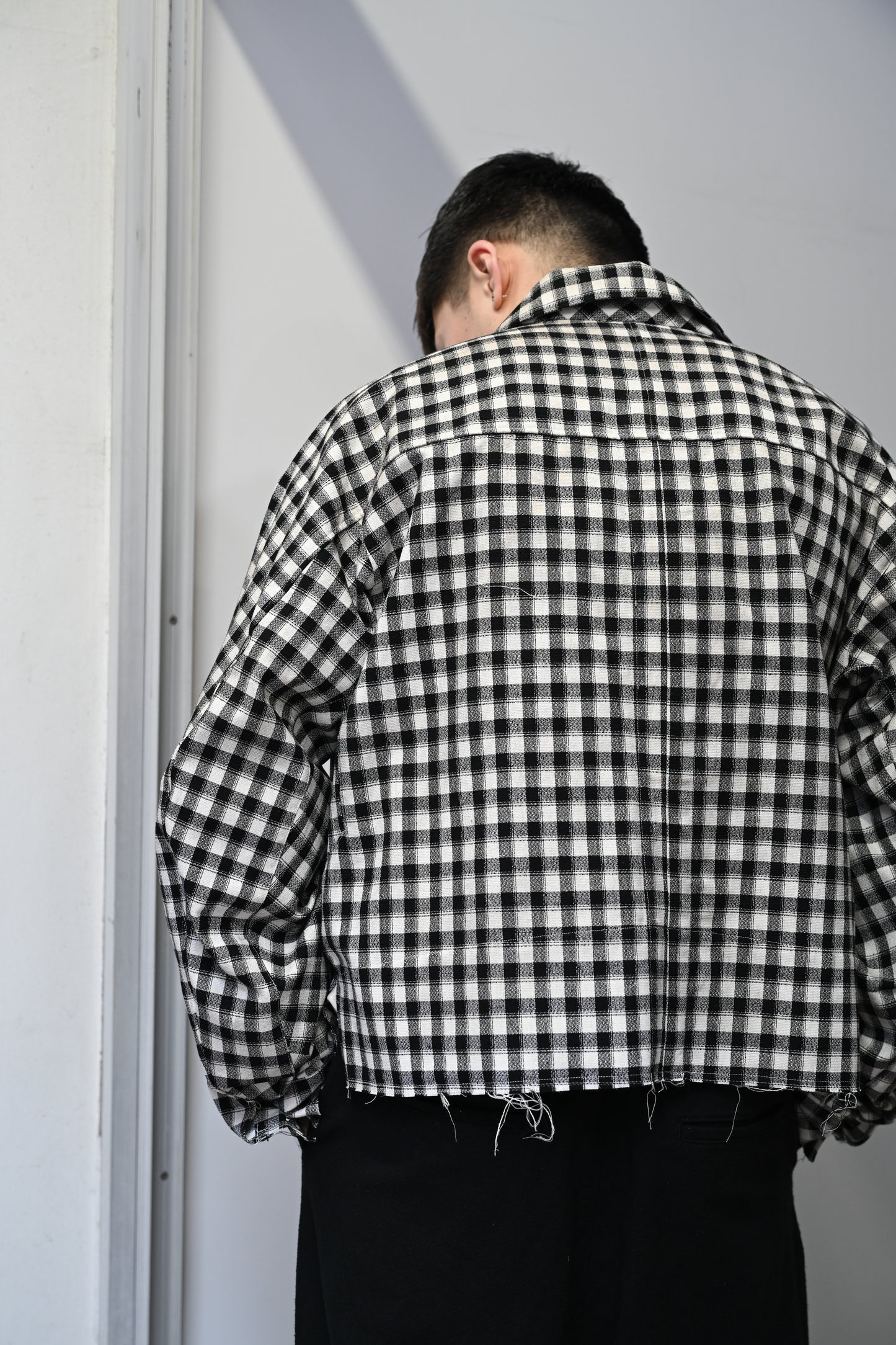 ANCELLM / C/R CHECK SHORT ZIPUP SHIRT -BLACK