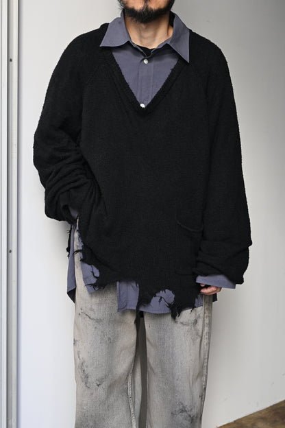 ANCELLM / DAMAGE SILK UVNECK KNIT -BLACK