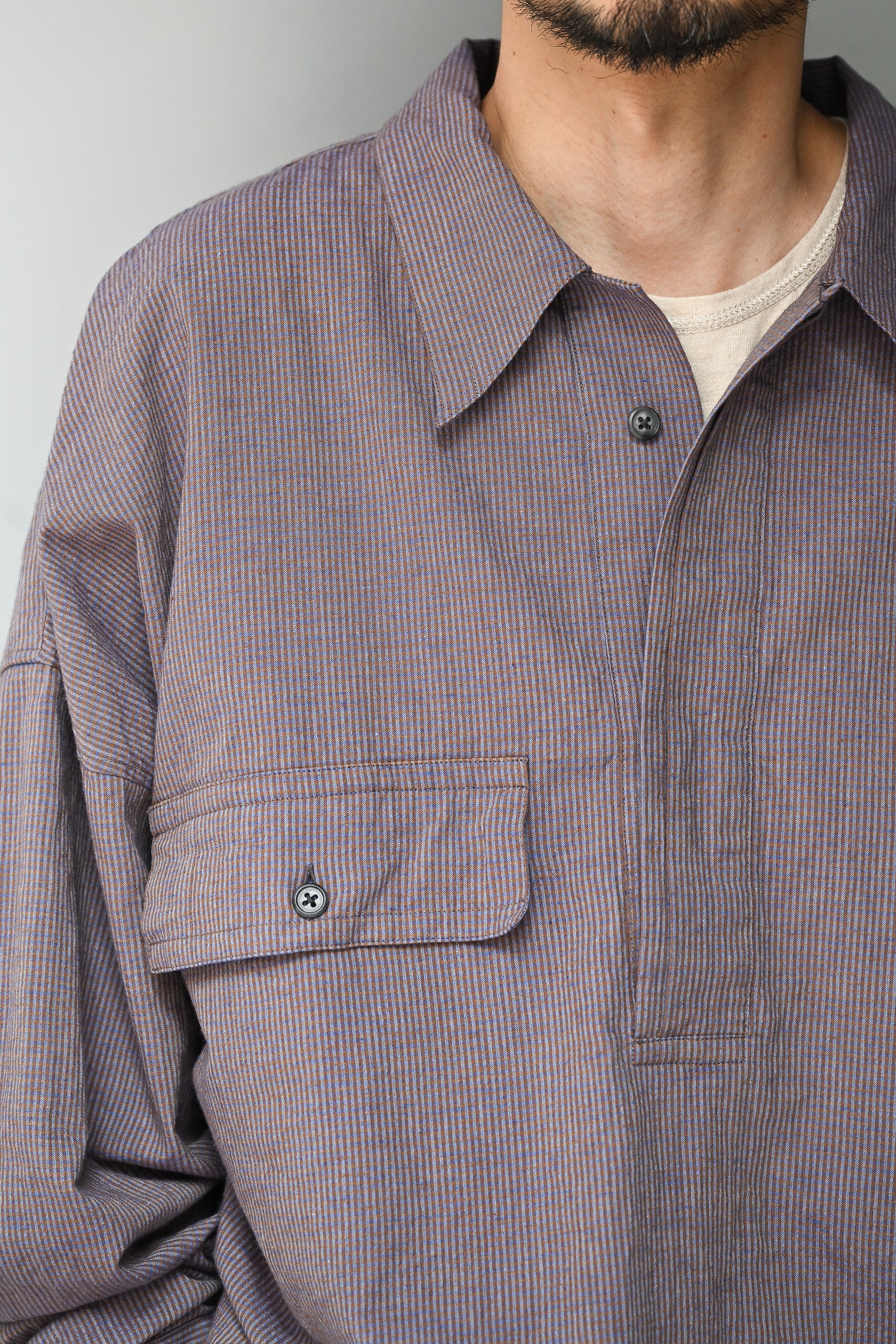 Marvine Pontiak shirt makers / Twist P/O -BLUE BROWN GINGHAM