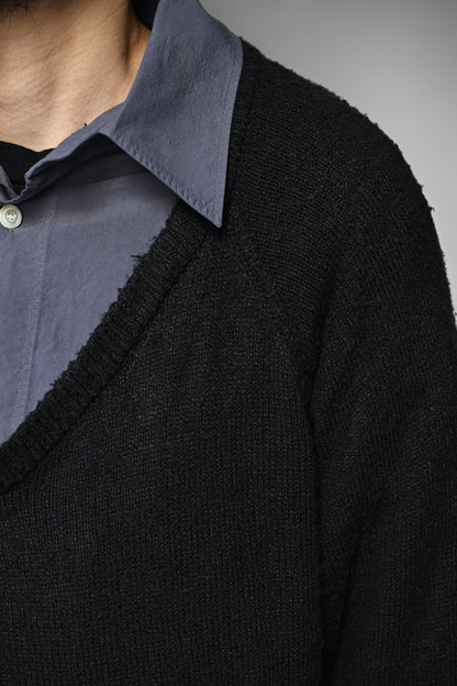 ANCELLM / DAMAGE SILK UVNECK KNIT -BLACK