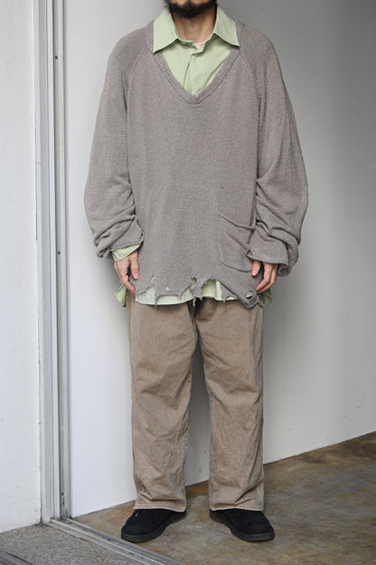 ANCELLM / DAMAGE SILK UVNECK KNIT -GREIGE