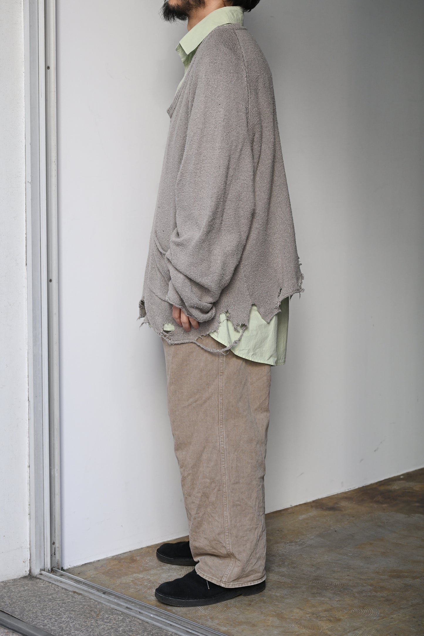 ANCELLM / DAMAGE SILK UVNECK KNIT -GREIGE