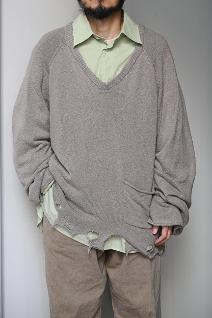 ANCELLM / DAMAGE SILK UVNECK KNIT -GREIGE